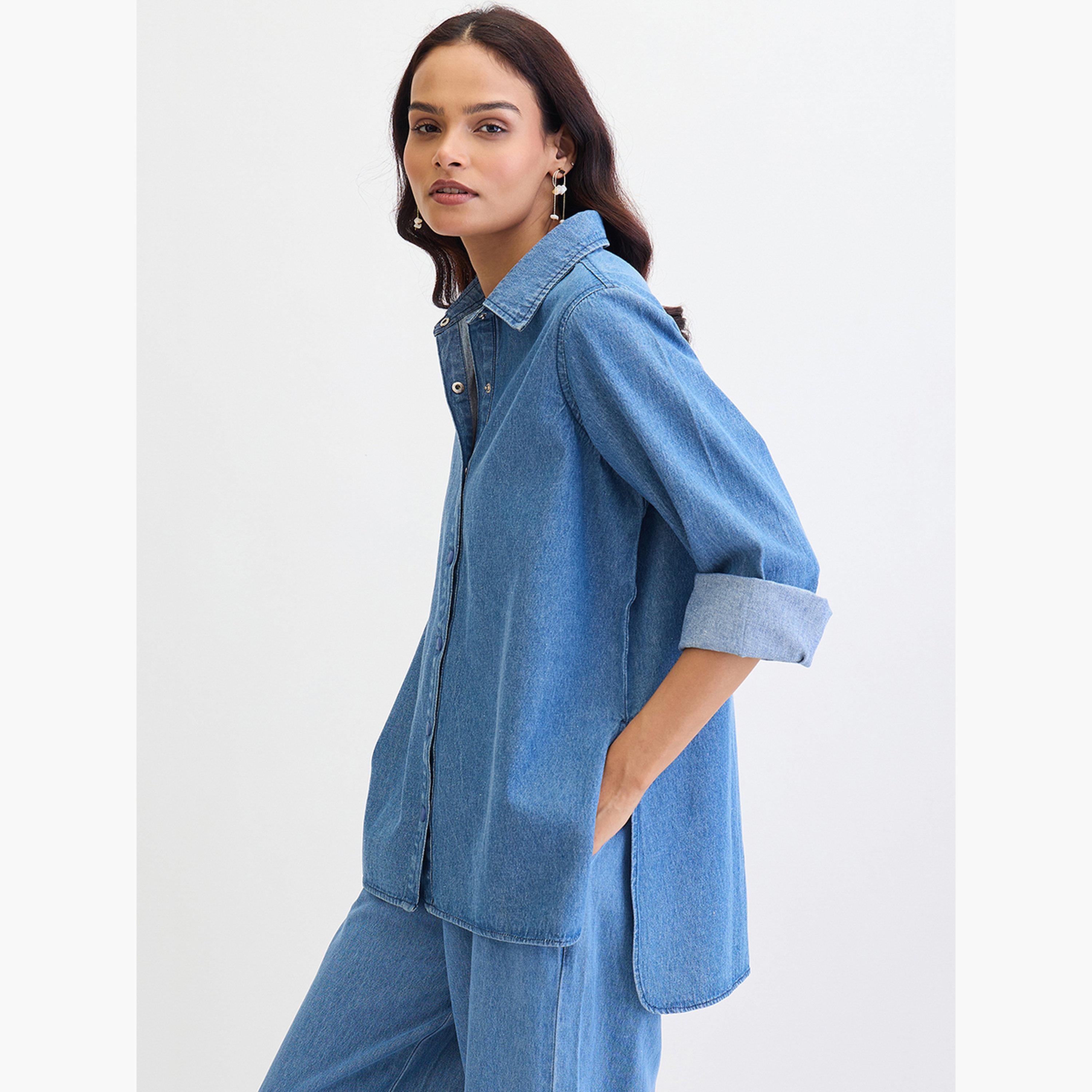 فيميلا - قميص جينز زرقاء أزرق بأكمام طويلة-women-clothing-shirtsandblouses-shirts-image-3