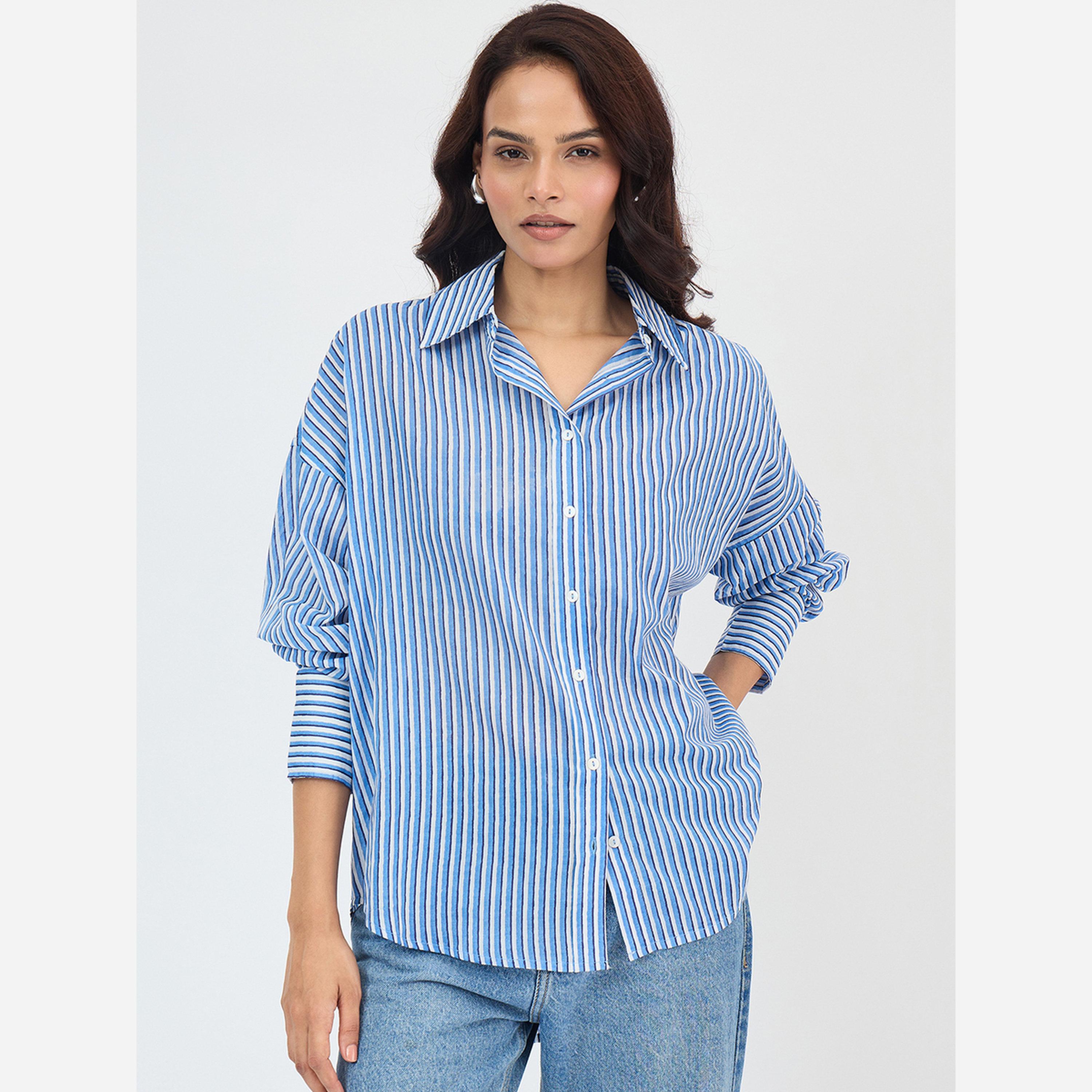 Femmella Women Blue Cotton Stripe Oversized Shirt-women-clothing-shirtsandblouses-shirts-image-1