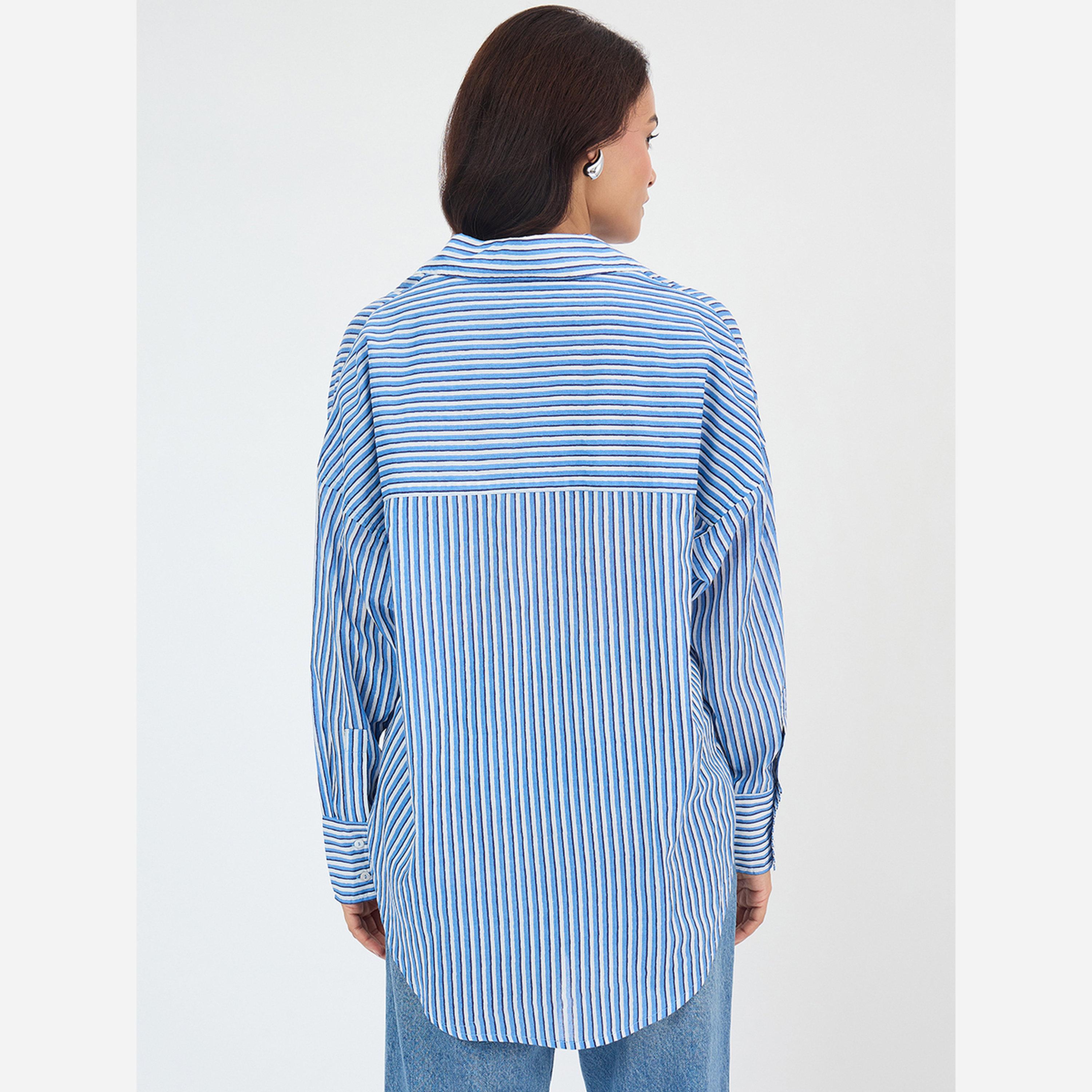 Femmella Women Blue Cotton Stripe Oversized Shirt-women-clothing-shirtsandblouses-shirts-image-2