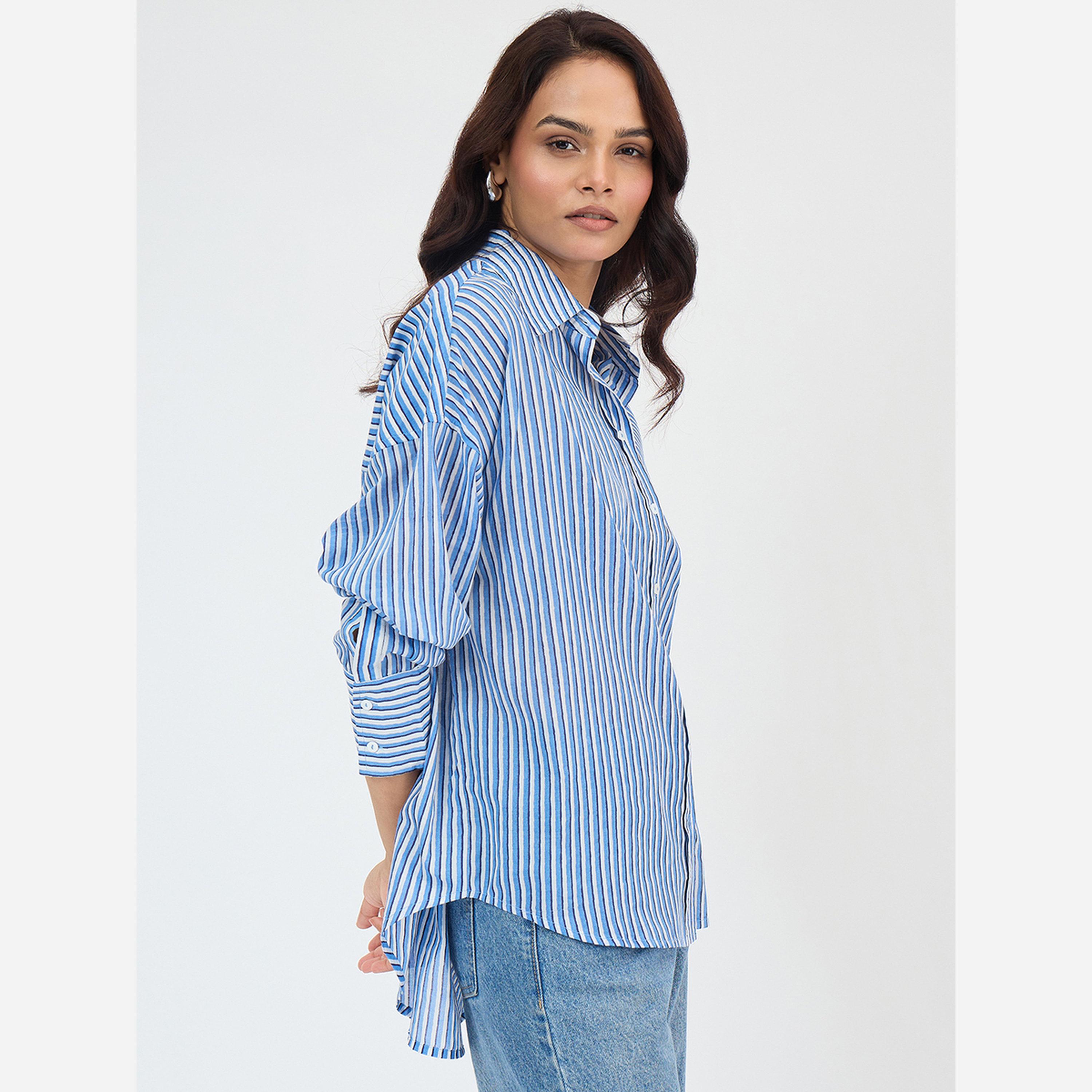 Femmella Women Blue Cotton Stripe Oversized Shirt-women-clothing-shirtsandblouses-shirts-image-3