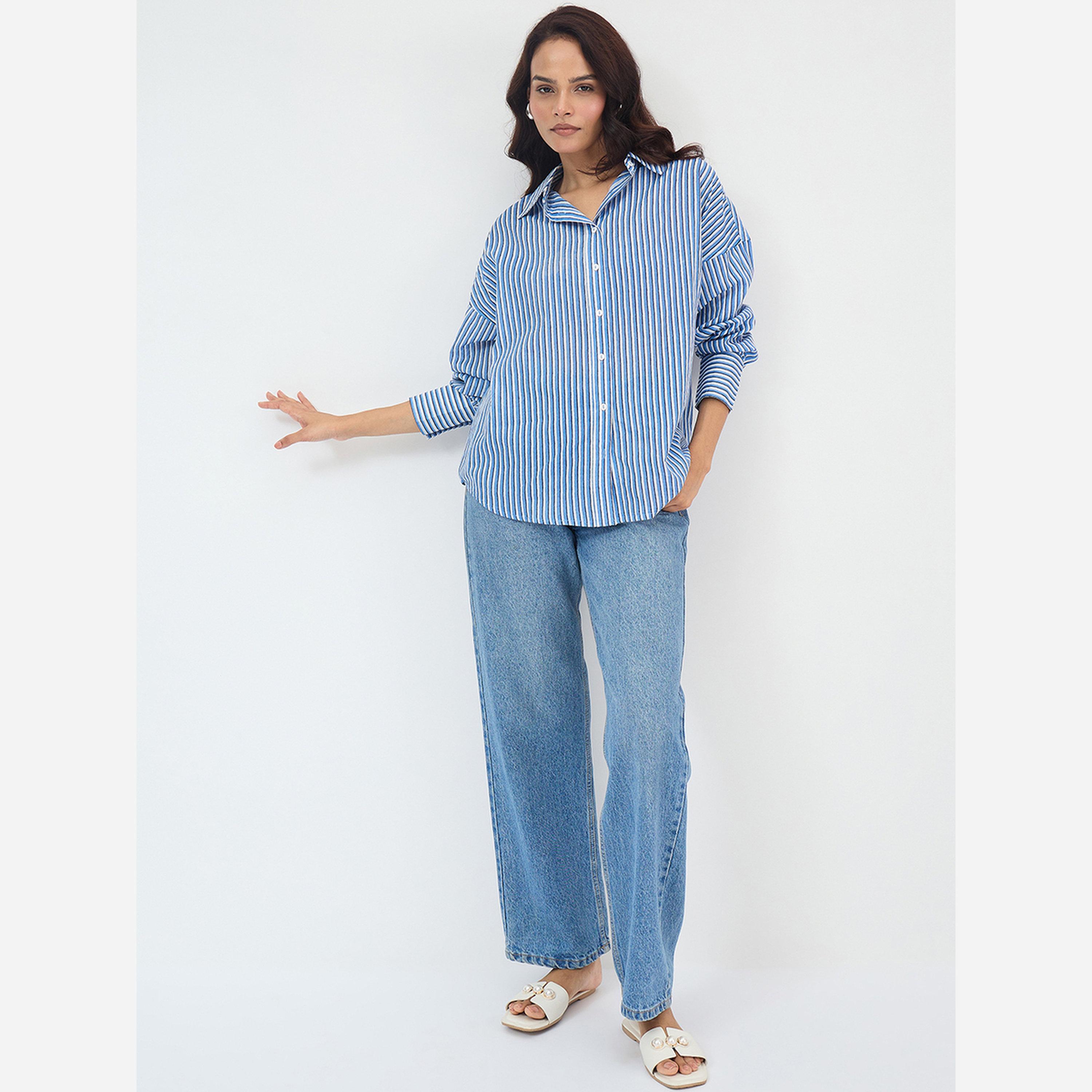 فيميلا - قميص نسائي لون أزرق مخطط قطن، مقاس واسع-women-clothing-shirtsandblouses-shirts-image-5