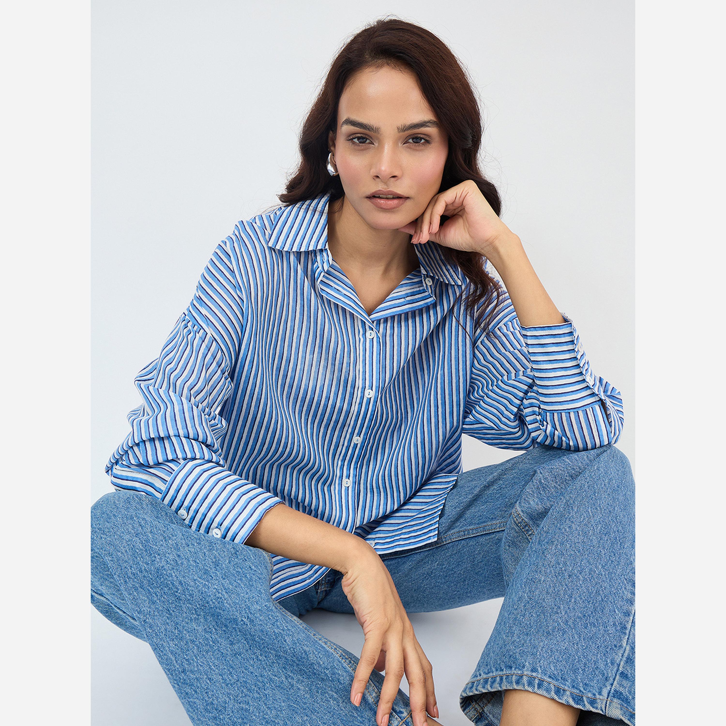 فيميلا - قميص نسائي لون أزرق مخطط قطن، مقاس واسع-women-clothing-shirtsandblouses-shirts-image-6