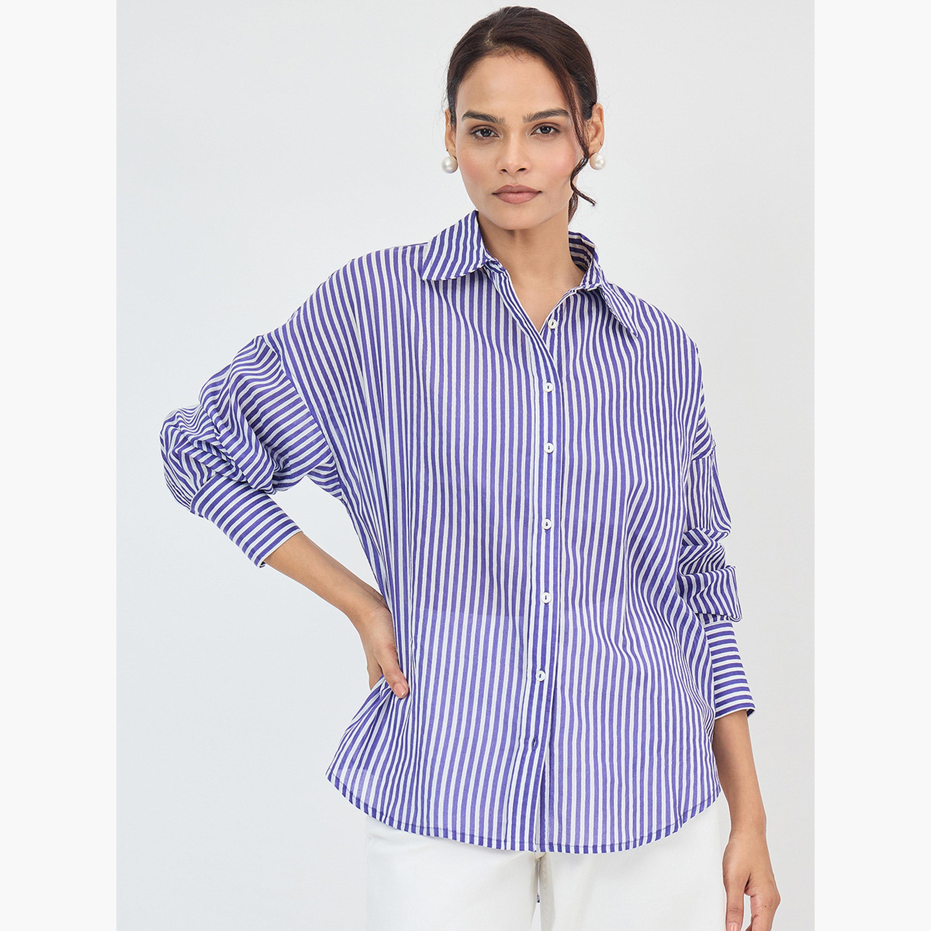 Femmella Purple Cotton Stripe Oversized Shirt-women-clothing-shirtsandblouses-shirts-image-1