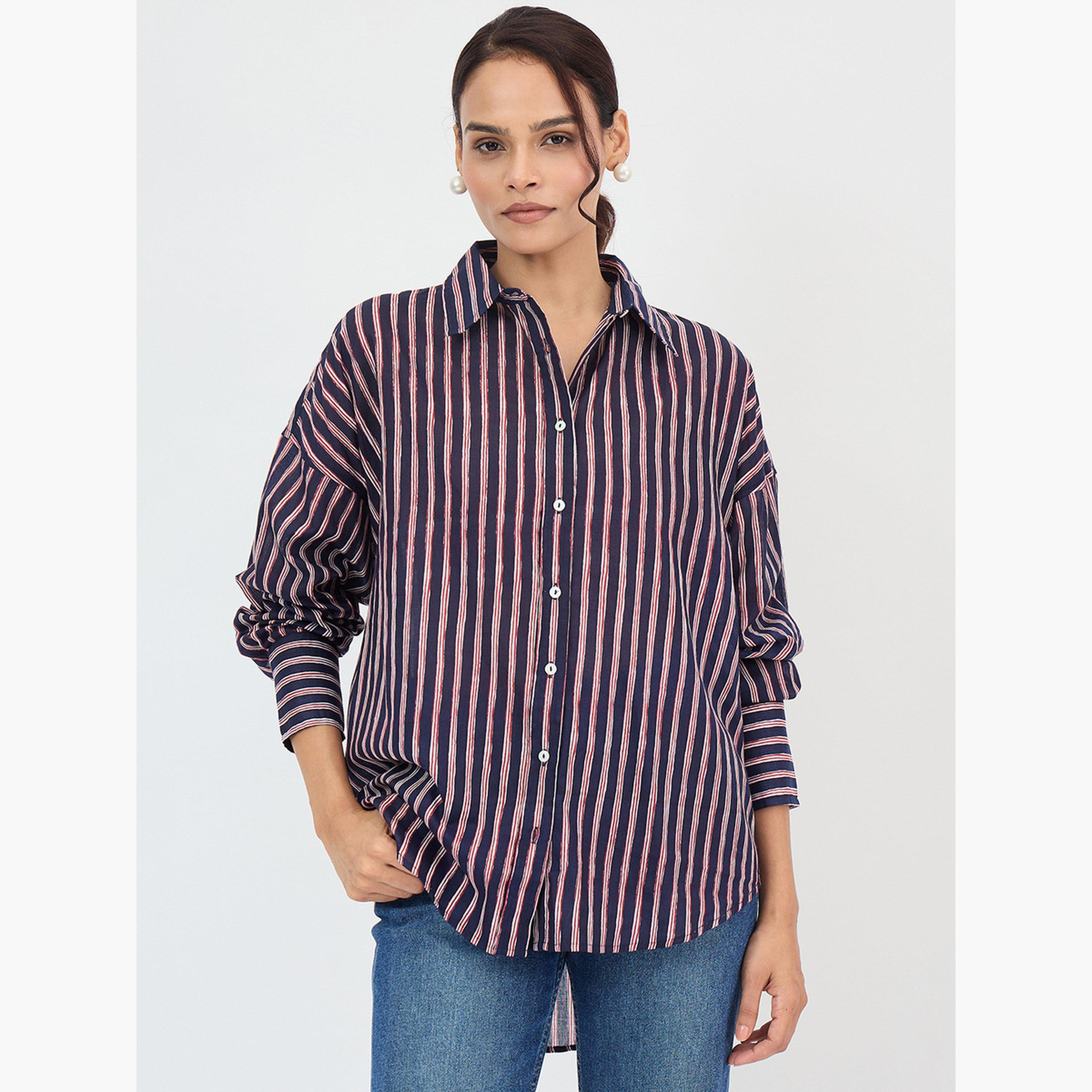 فيميلا - قميص مخطط قطني مقاس واسع باللون الأزرق البحري-women-clothing-shirtsandblouses-shirts-image-1