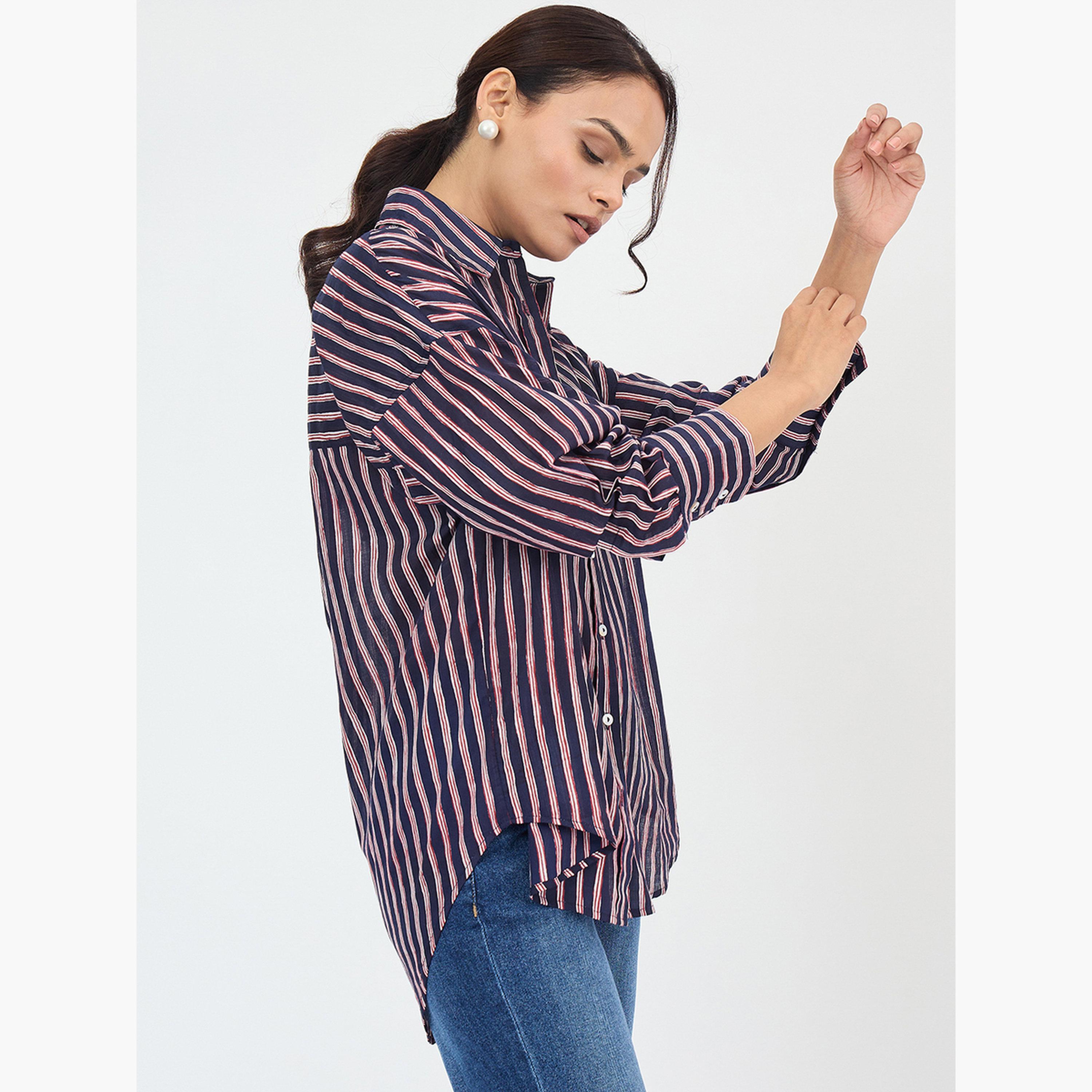 فيميلا - قميص مخطط قطني مقاس واسع باللون الأزرق البحري-women-clothing-shirtsandblouses-shirts-image-3