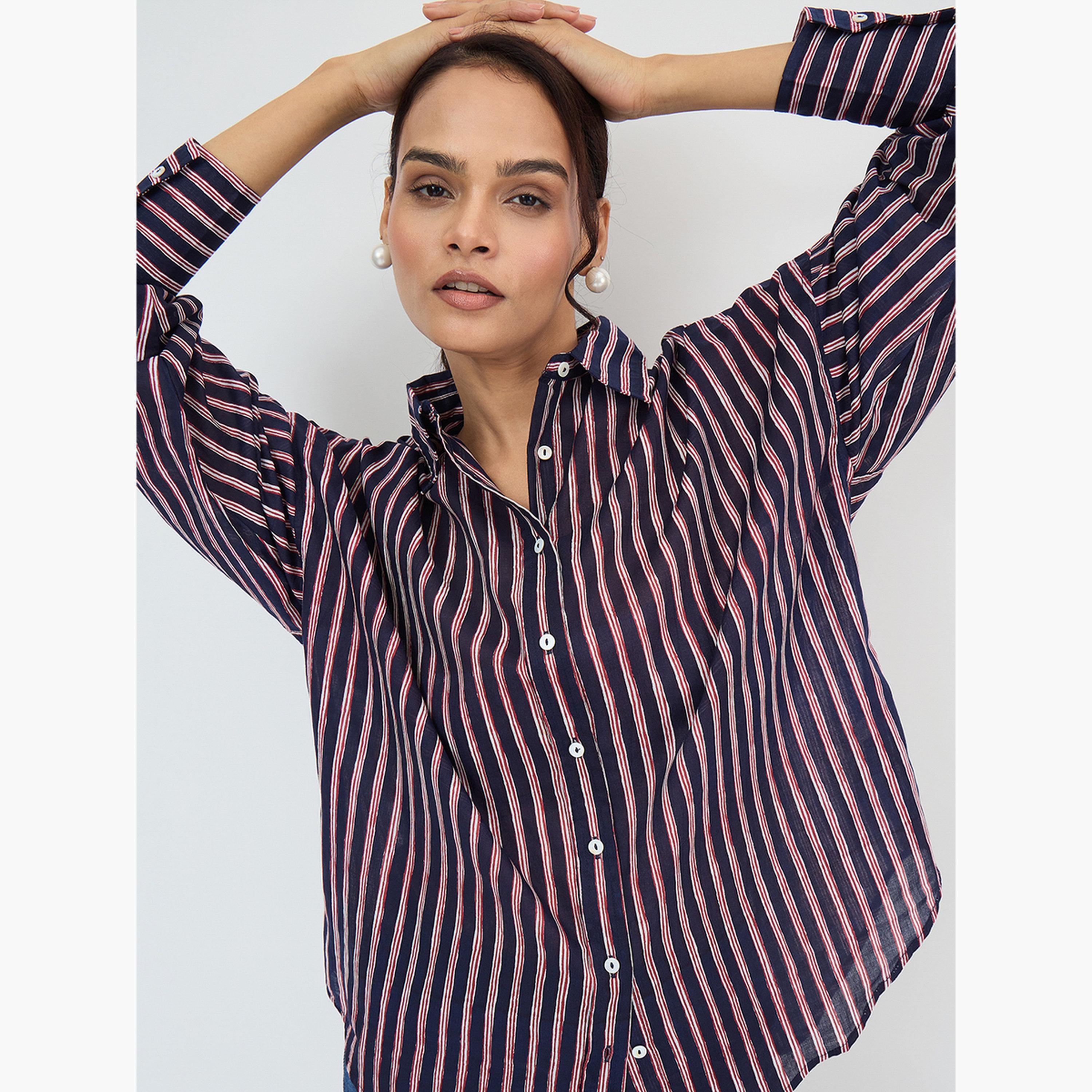فيميلا - قميص مخطط قطني مقاس واسع باللون الأزرق البحري-women-clothing-shirtsandblouses-shirts-image-4