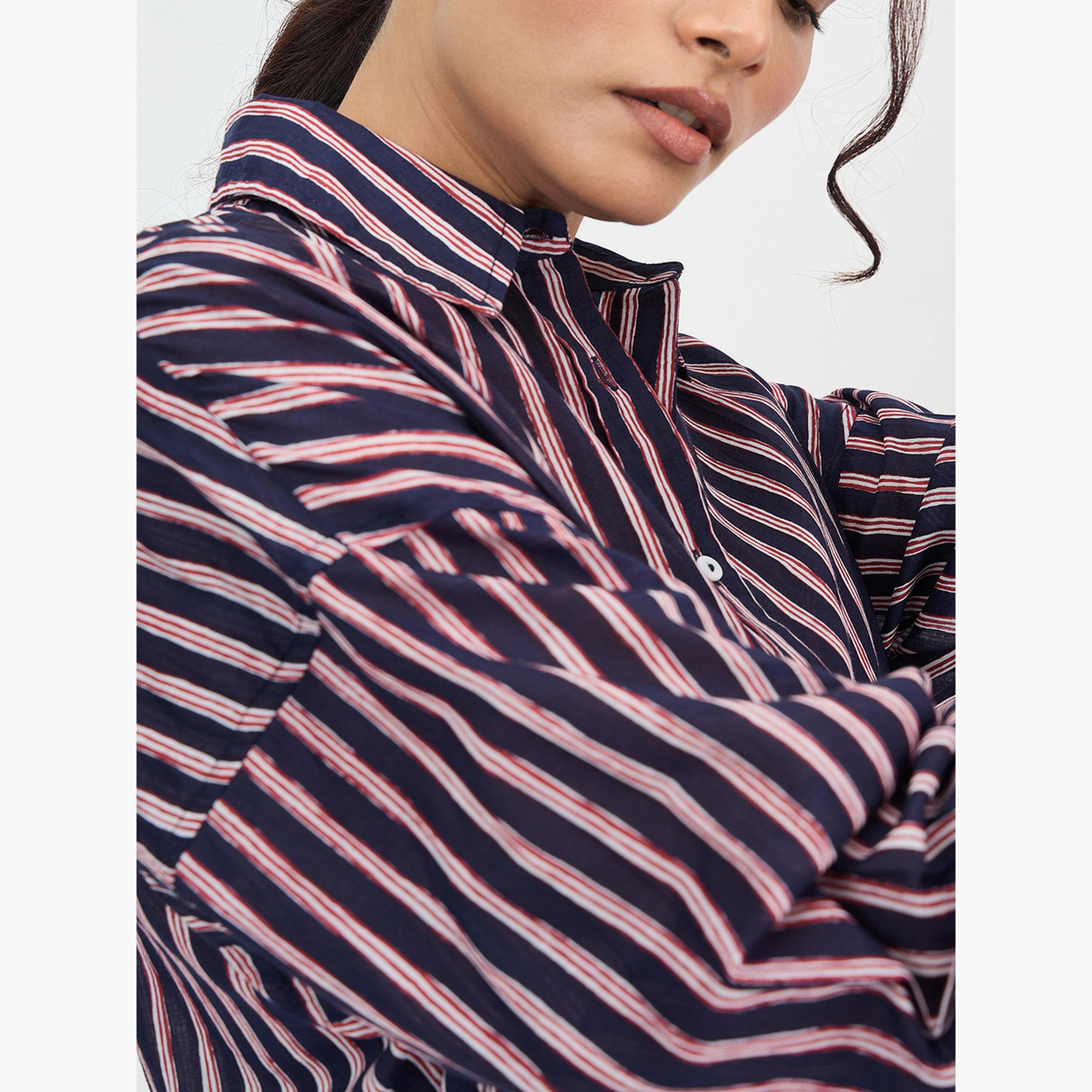 فيميلا - قميص مخطط قطني مقاس واسع باللون الأزرق البحري-women-clothing-shirtsandblouses-shirts-image-5