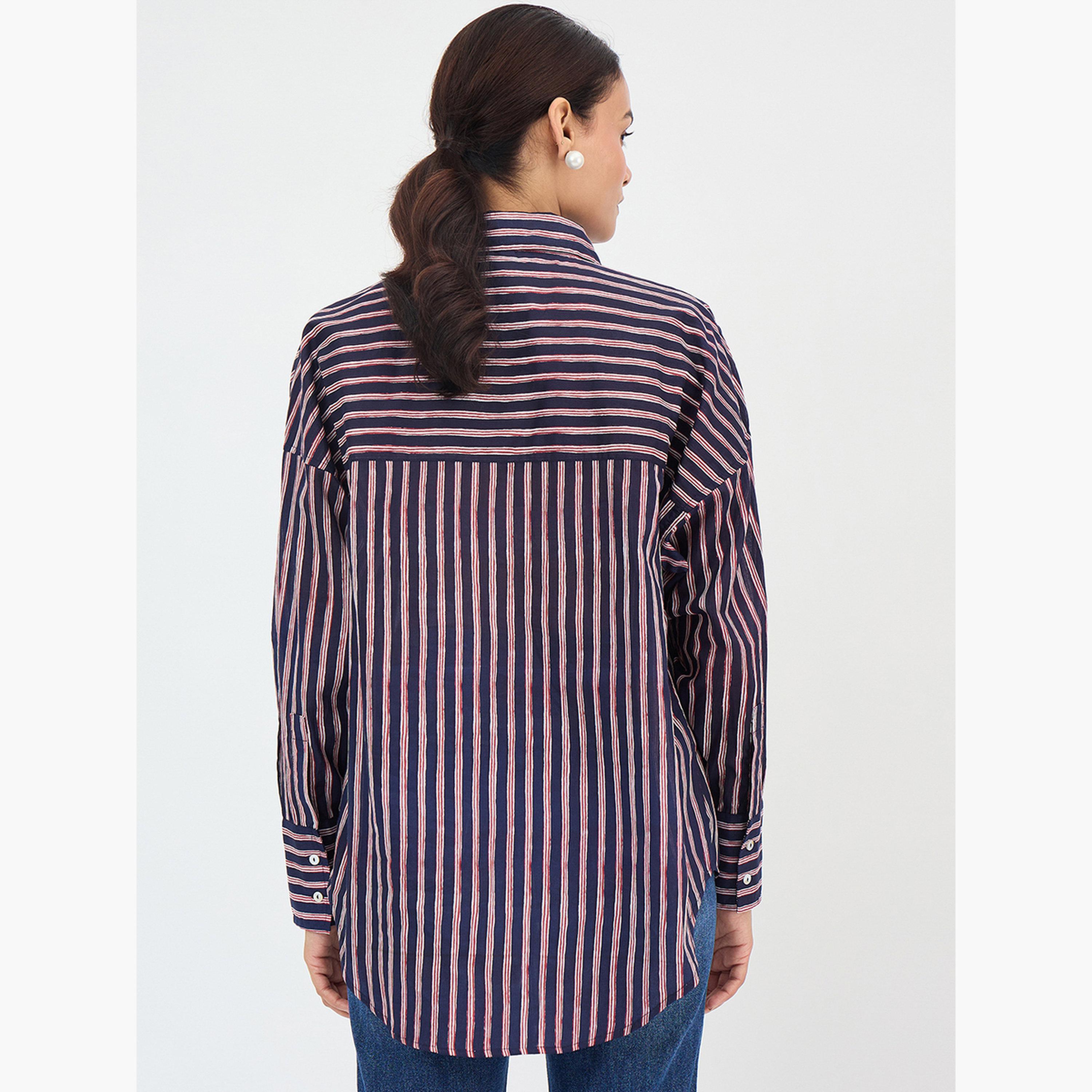 فيميلا - قميص مخطط قطني مقاس واسع باللون الأزرق البحري-women-clothing-shirtsandblouses-shirts-image-6