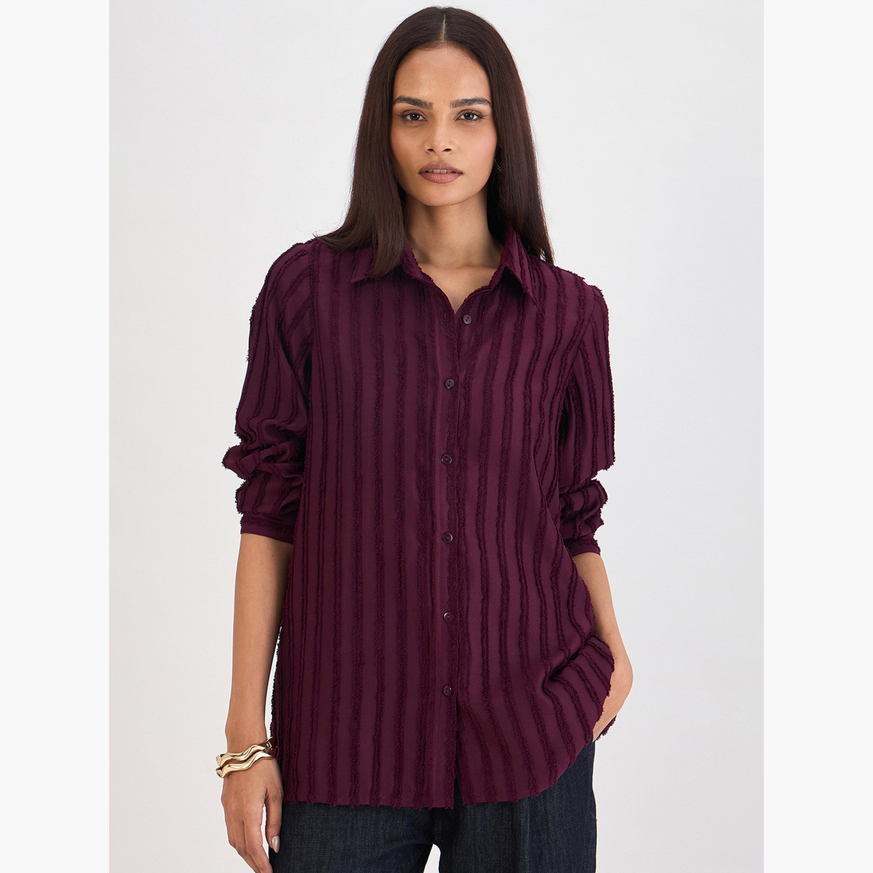Femmella Wine Textured Button Down Shirt-women-clothing-shirtsandblouses-shirts-image-1