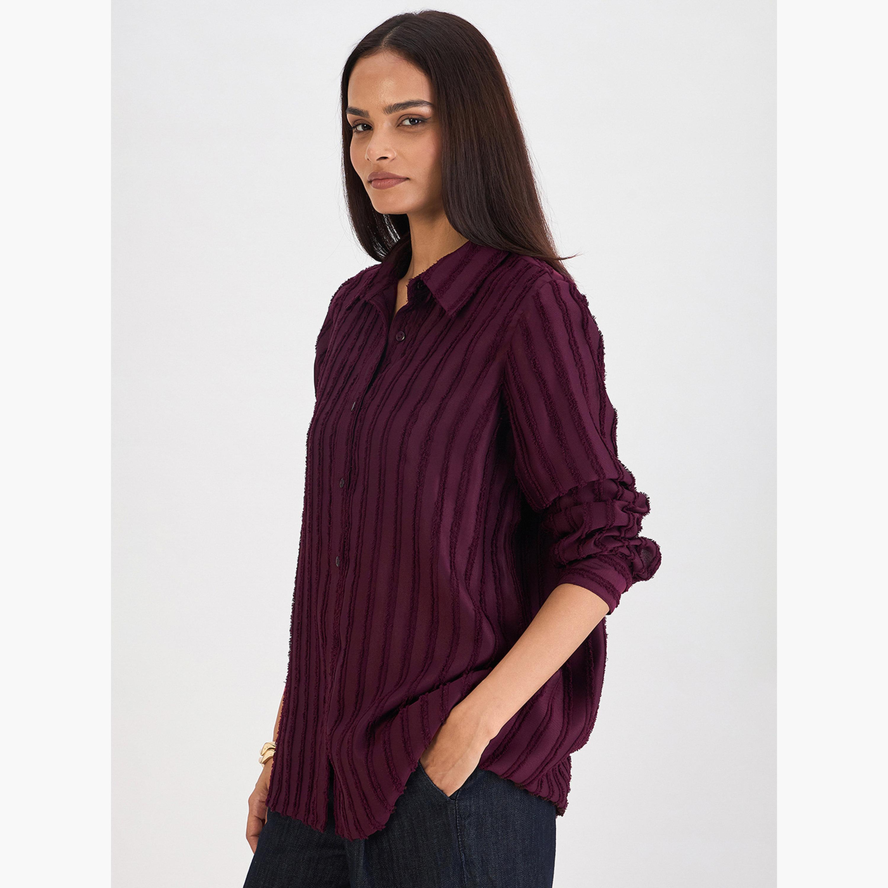 Femmella Wine Textured Button Down Shirt-women-clothing-shirtsandblouses-shirts-image-3