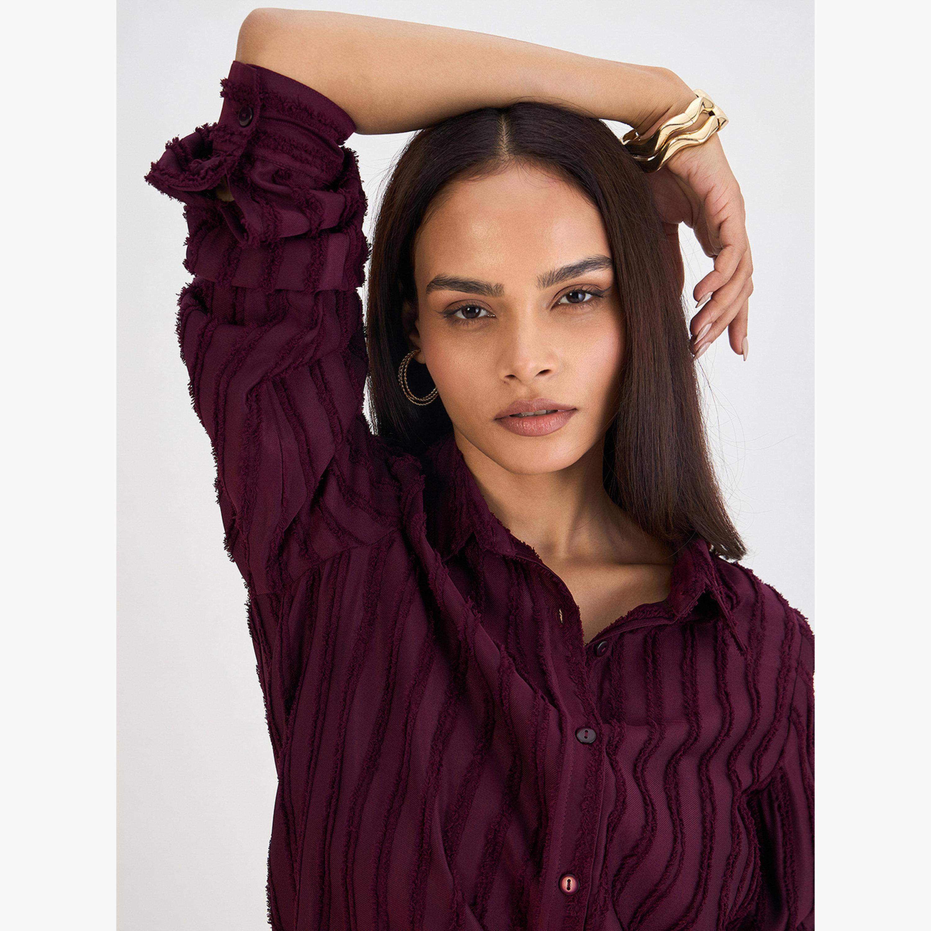 Femmella Wine Textured Button Down Shirt-women-clothing-shirtsandblouses-shirts-image-4
