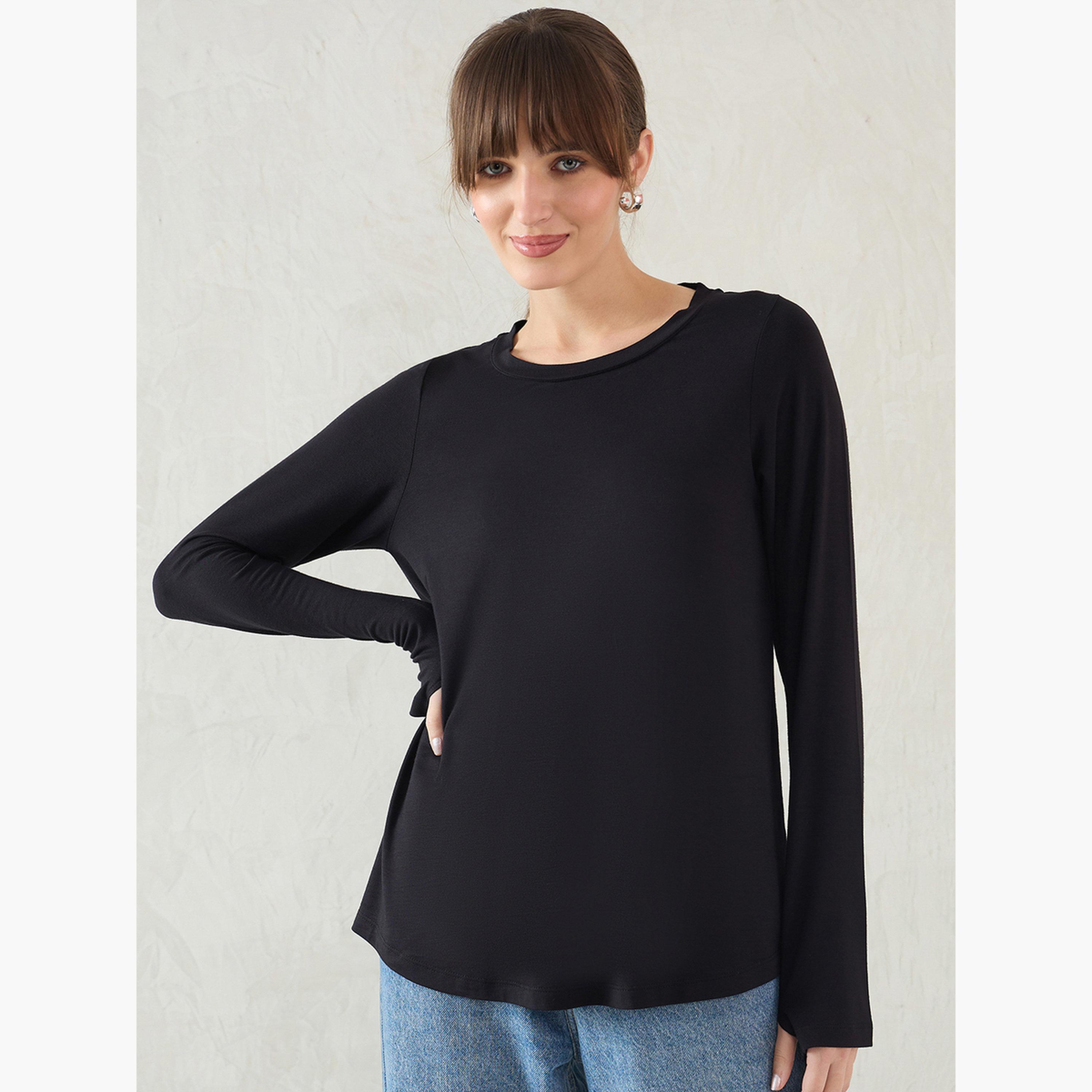 فيميلا - تي شيرت أسود بأكمام طويلة ورقبة دائرية-women-clothing-tshirts-image-1