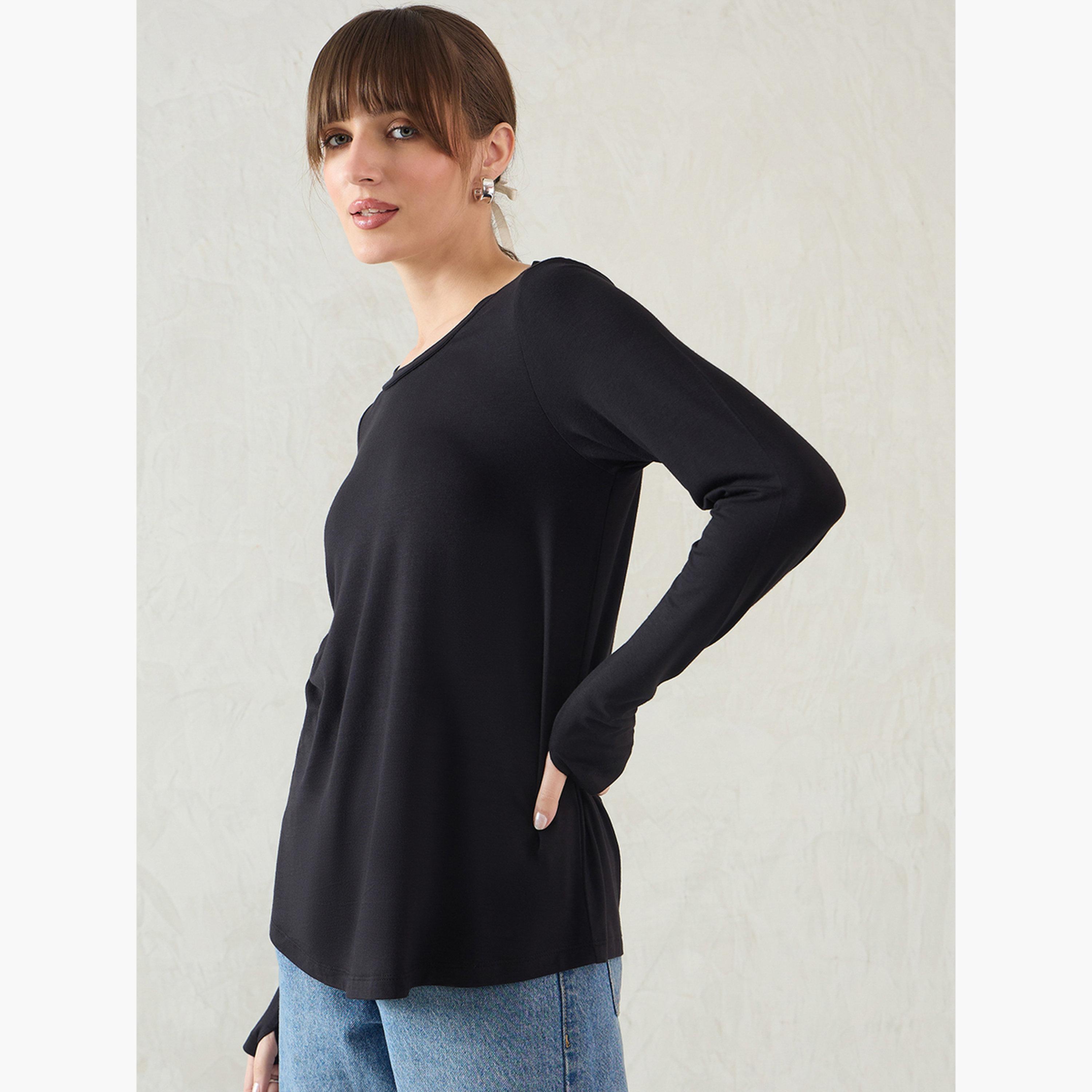 فيميلا - تي شيرت أسود بأكمام طويلة ورقبة دائرية-women-clothing-tshirts-image-3