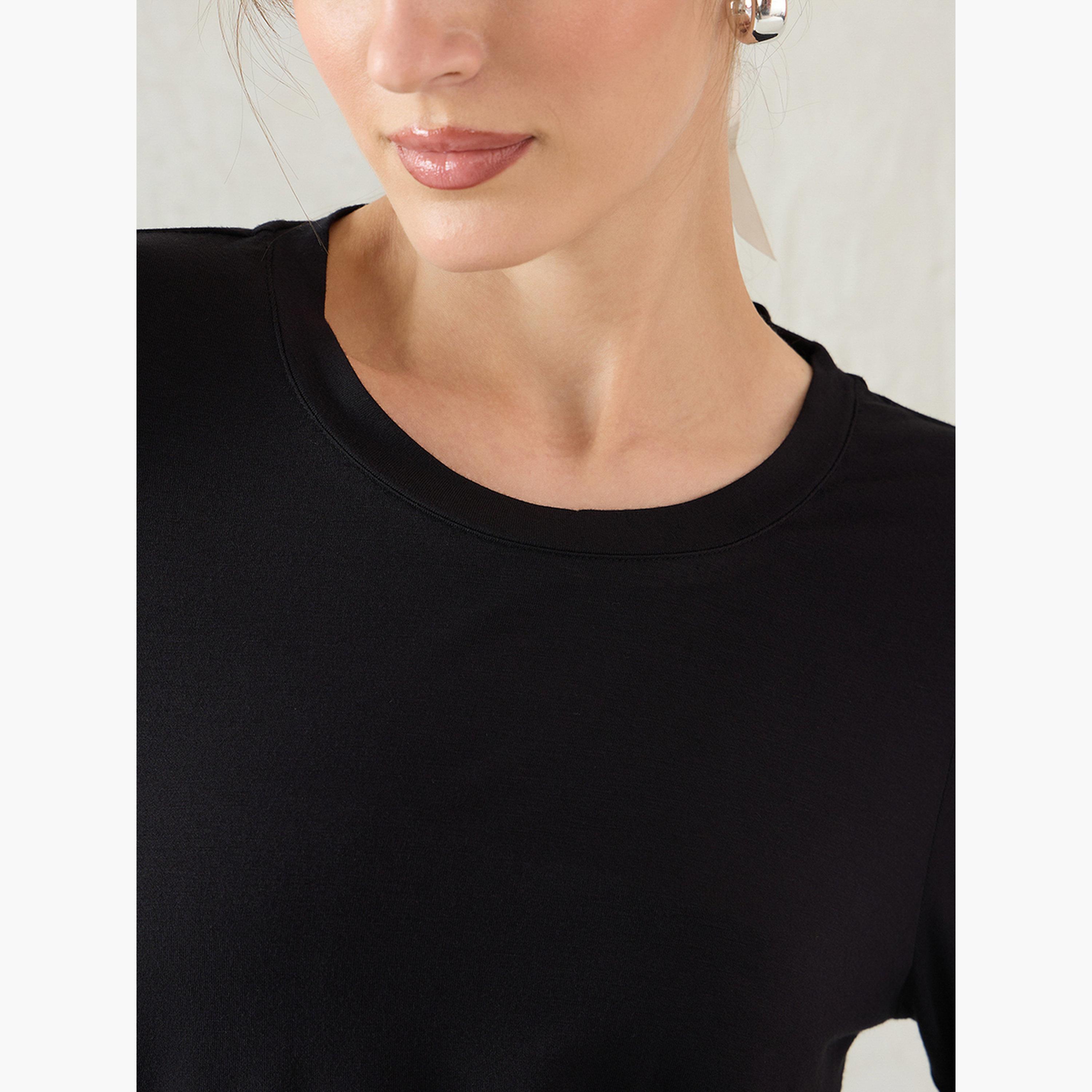 Femmella Black Long Sleeve Knit Crew Neck T-Shirt-women-clothing-tshirts-image-4