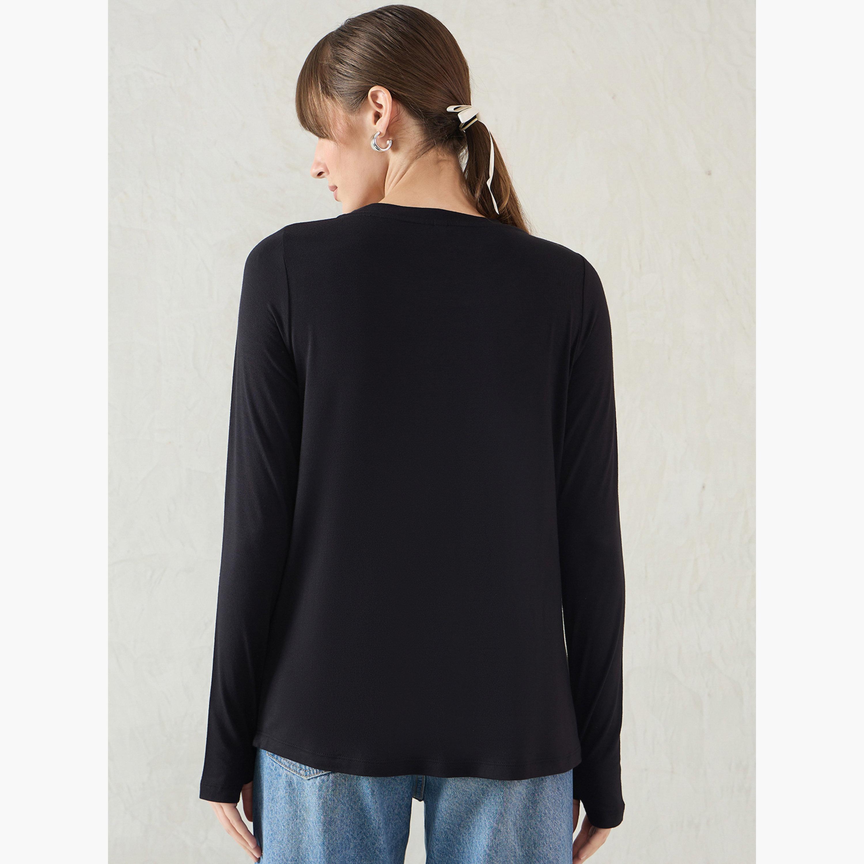 Femmella Black Long Sleeve Knit Crew Neck T-Shirt-women-clothing-tshirts-image-5