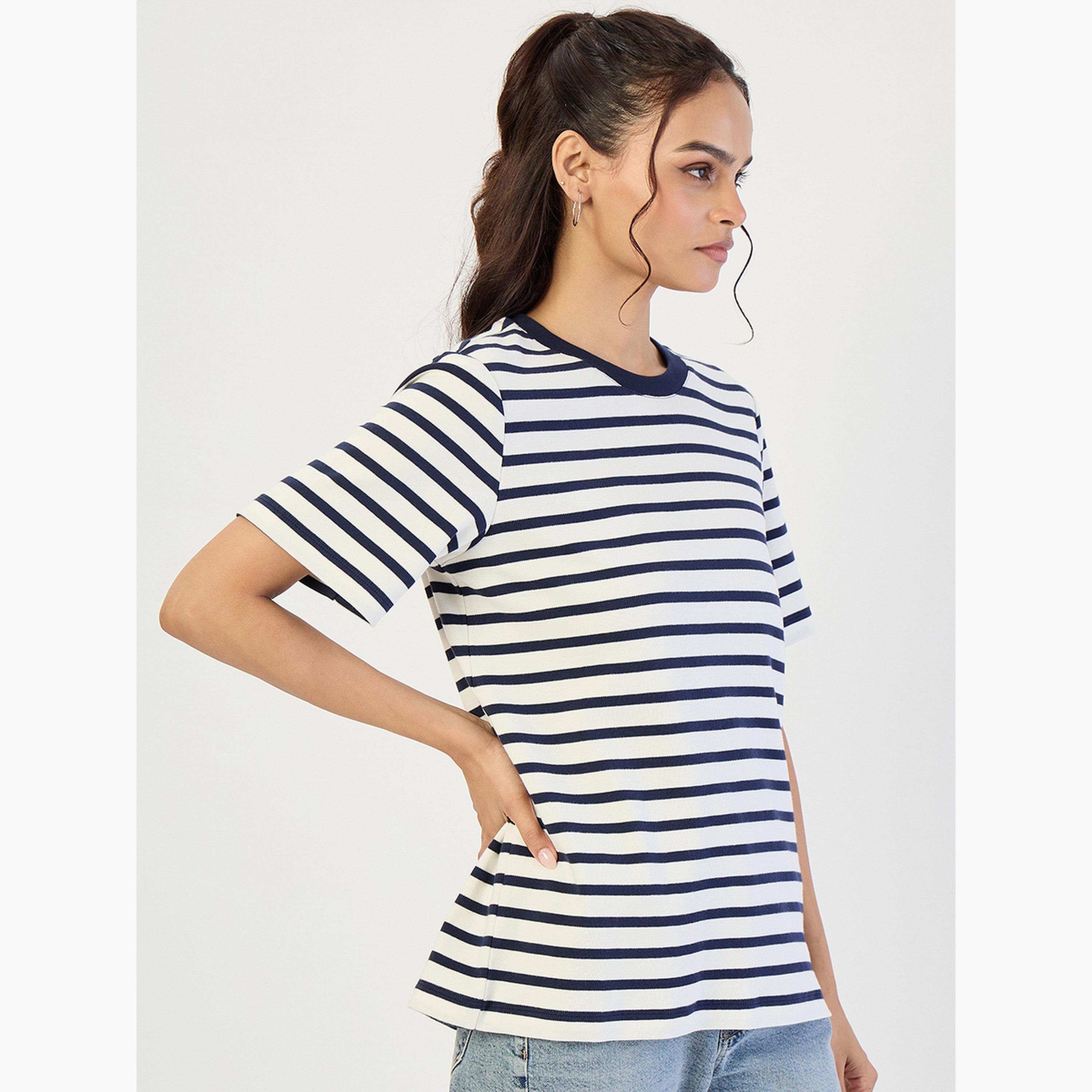فيميلا - تي شيرت مخطط برقبة دائرية لون أزرق كحلي-women-clothing-tshirts-image-3
