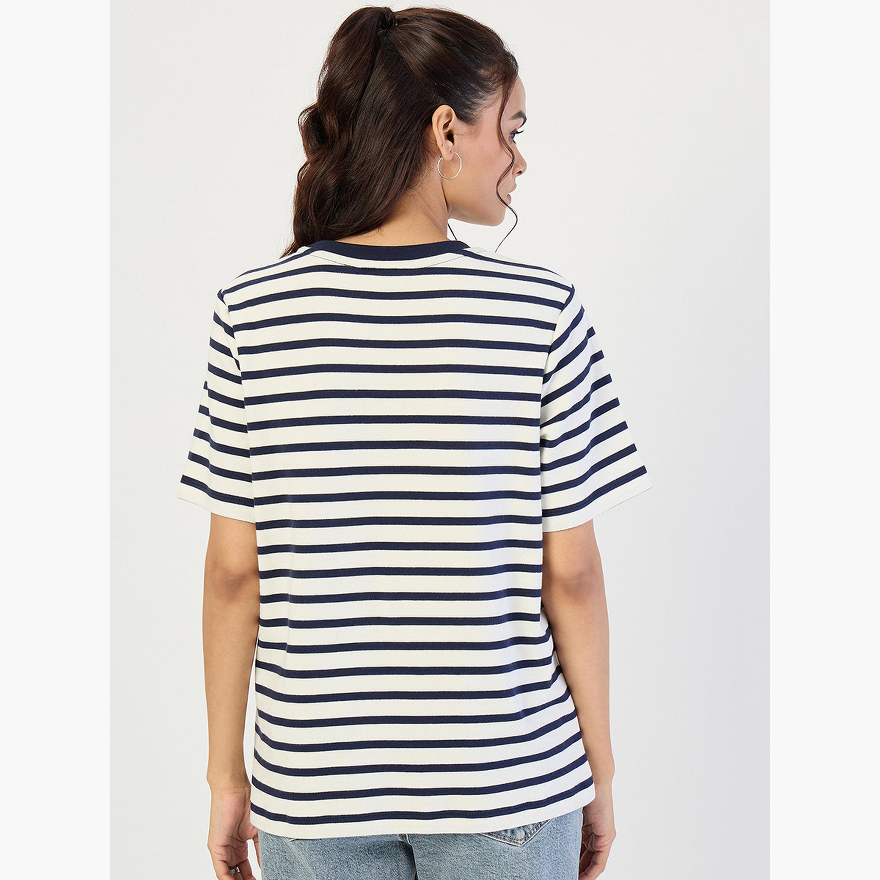 فيميلا - تي شيرت مخطط برقبة دائرية لون أزرق كحلي-women-clothing-tshirts-image-5