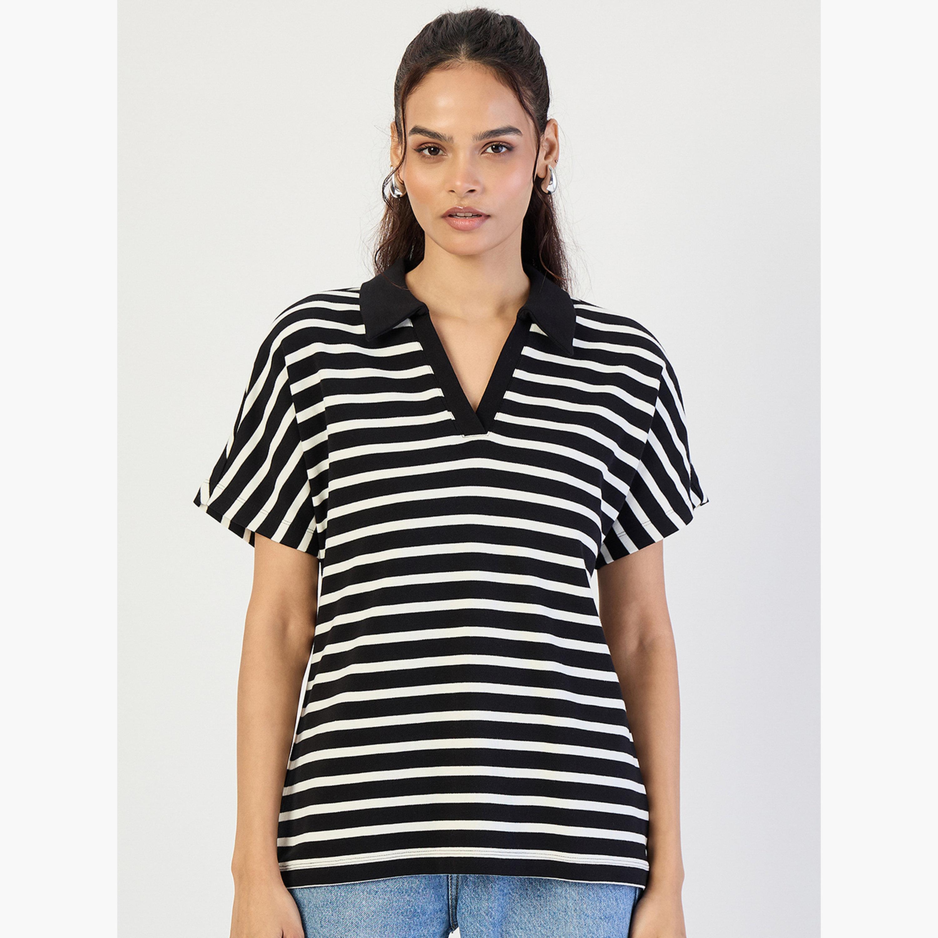 فيميلا - تي شيرت بولو مخطط أسود-women-clothing-tshirts-image-1