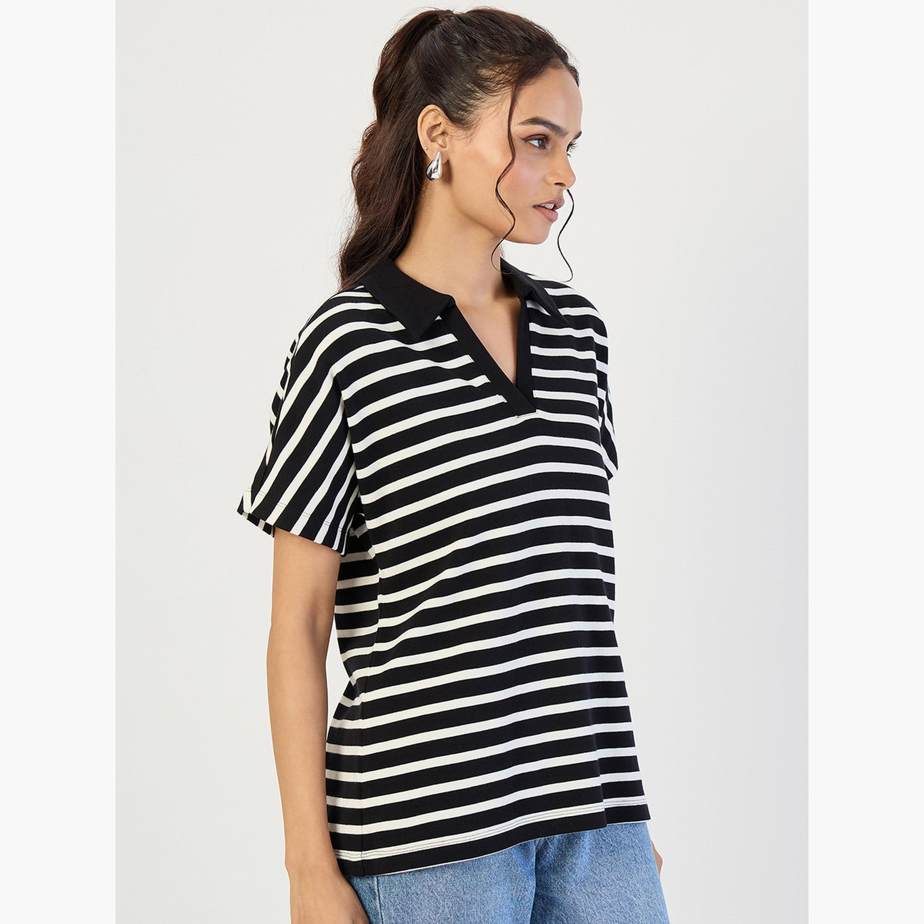 فيميلا - تي شيرت بولو مخطط أسود-women-clothing-tshirts-image-3
