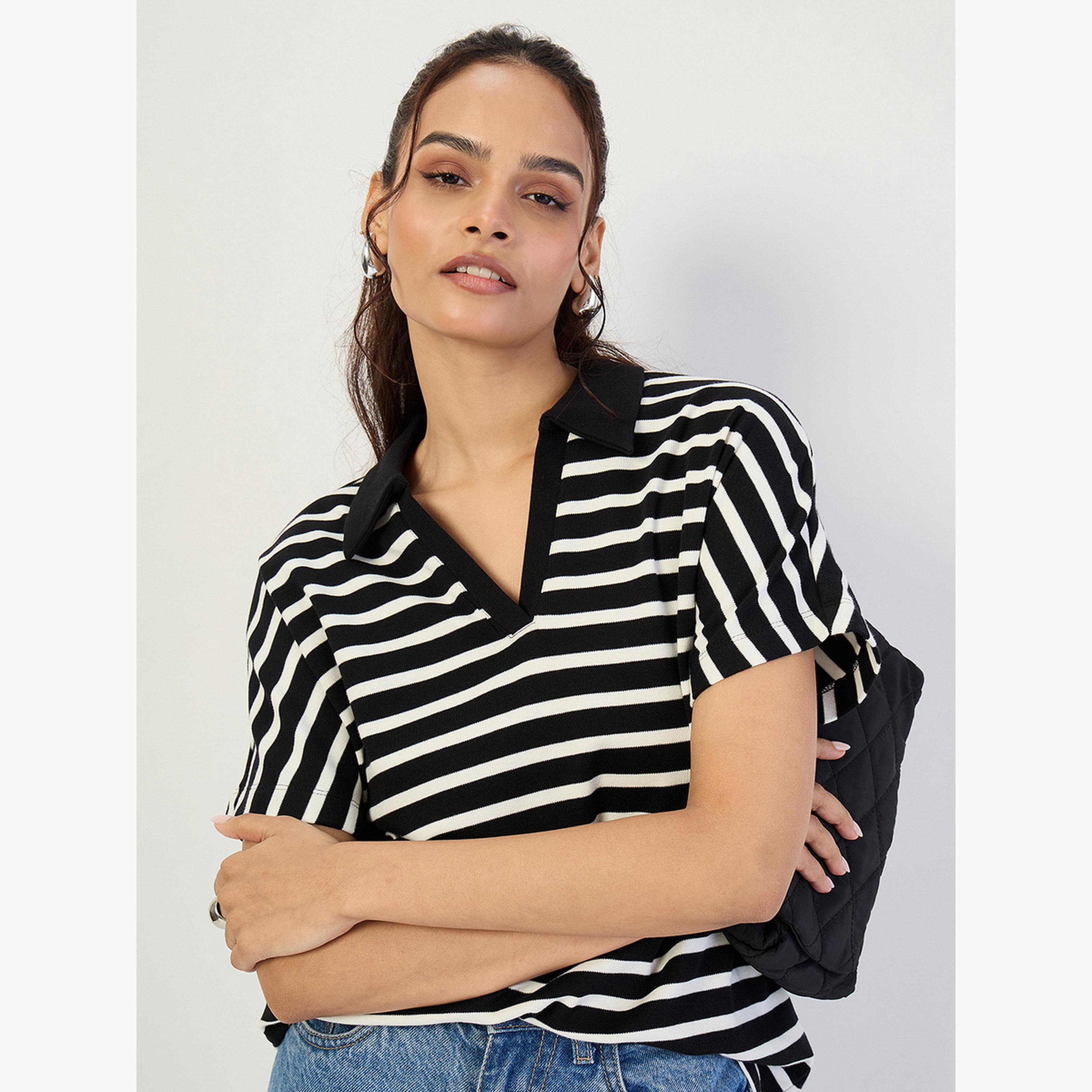 فيميلا - تي شيرت بولو مخطط أسود-women-clothing-tshirts-image-6