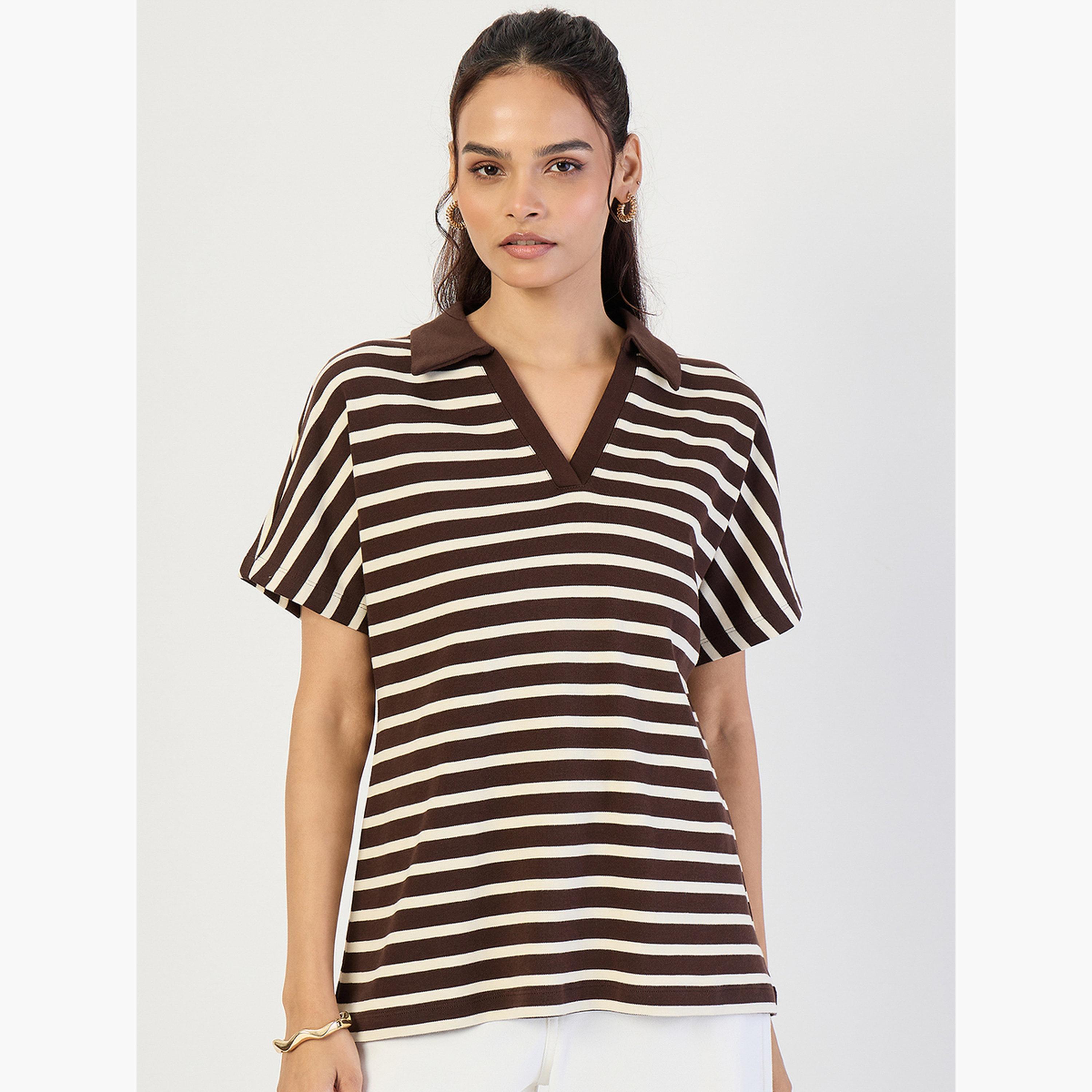 فيميلا - تي شيرت بولو مخطط لون بني-women-clothing-tshirts-image-1