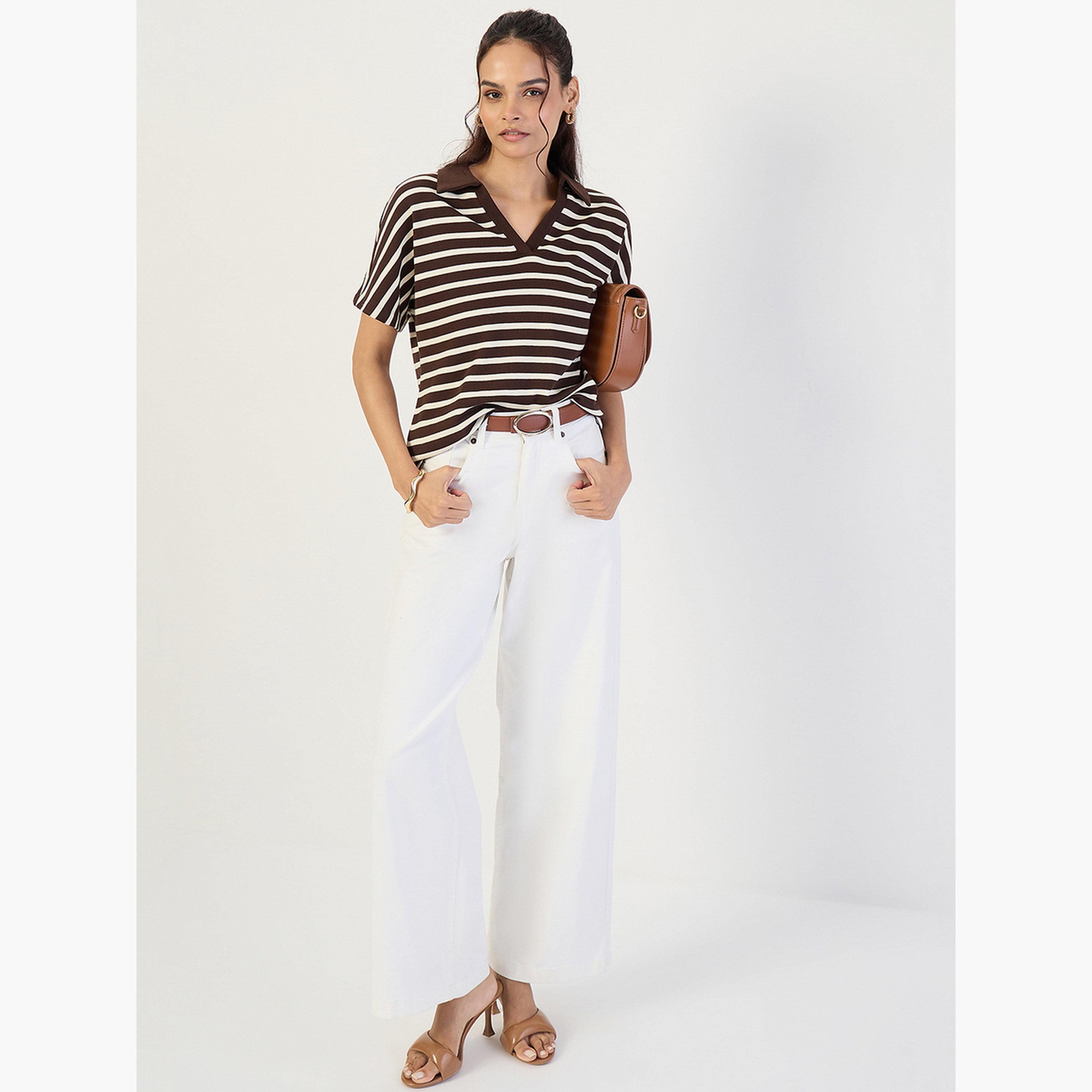 فيميلا - تي شيرت بولو مخطط لون بني-women-clothing-tshirts-image-2