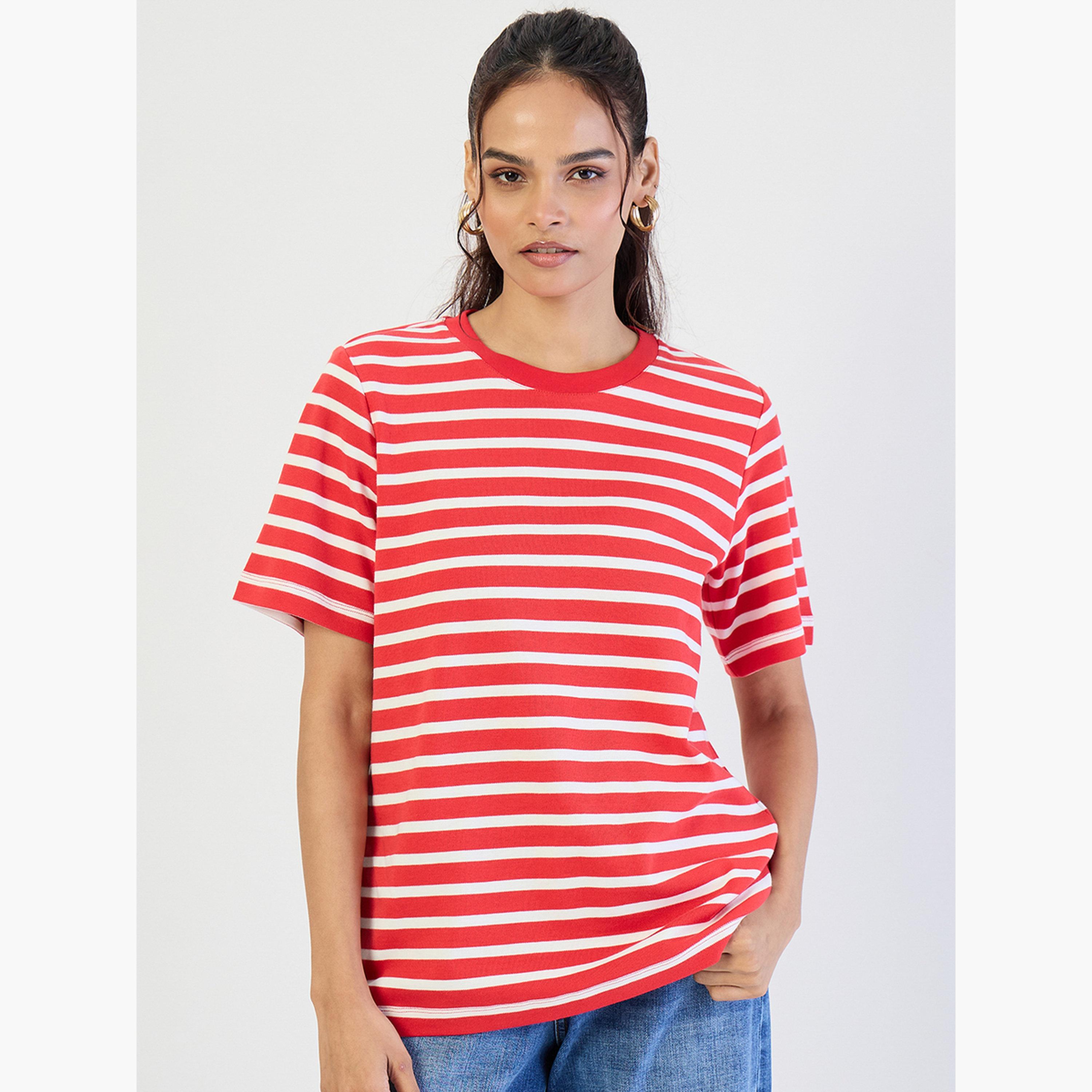Femmella Red Striped Crew Neck Knit T-Shirt-women-clothing-tshirts-image-1
