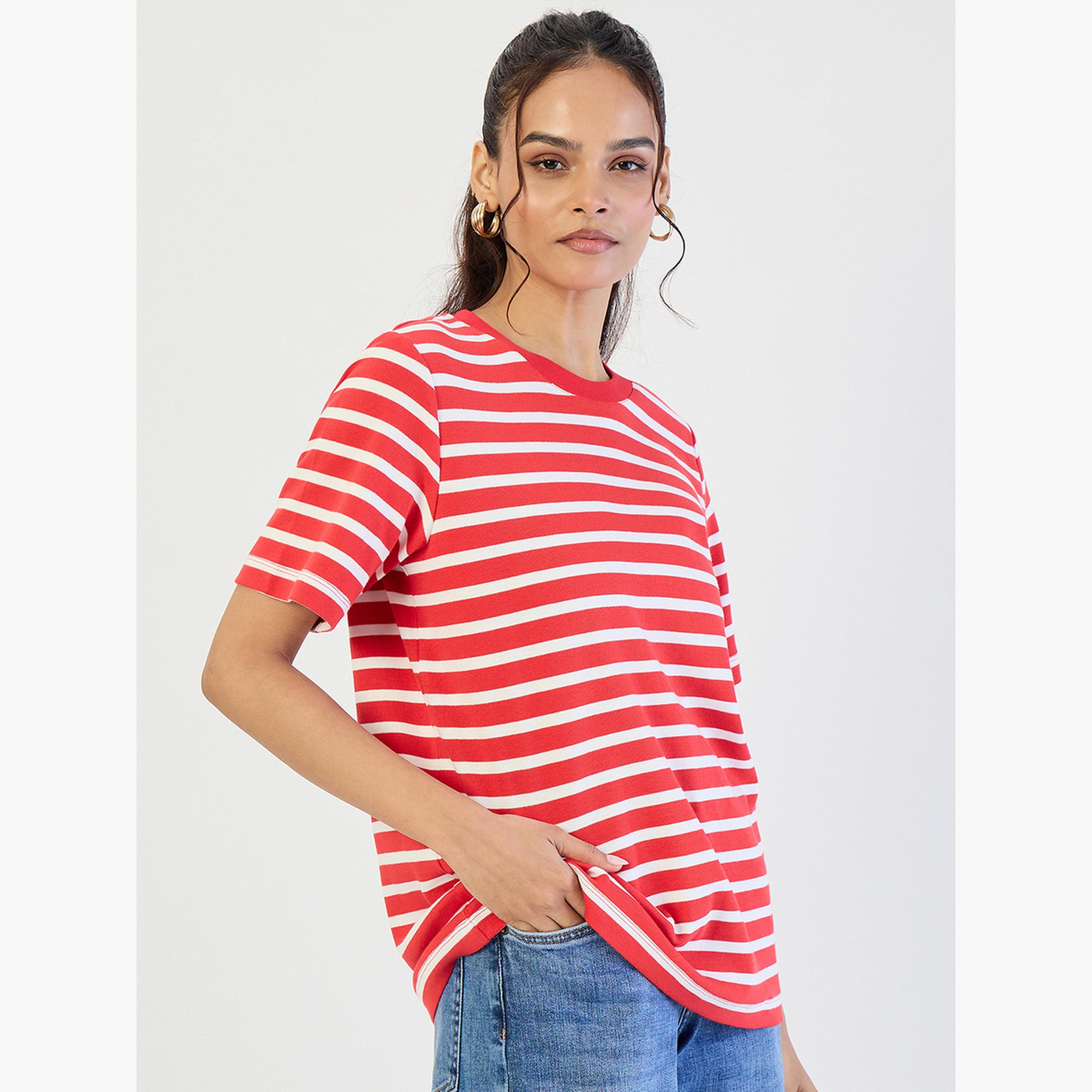 Femmella Red Striped Crew Neck Knit T-Shirt-women-clothing-tshirts-image-3