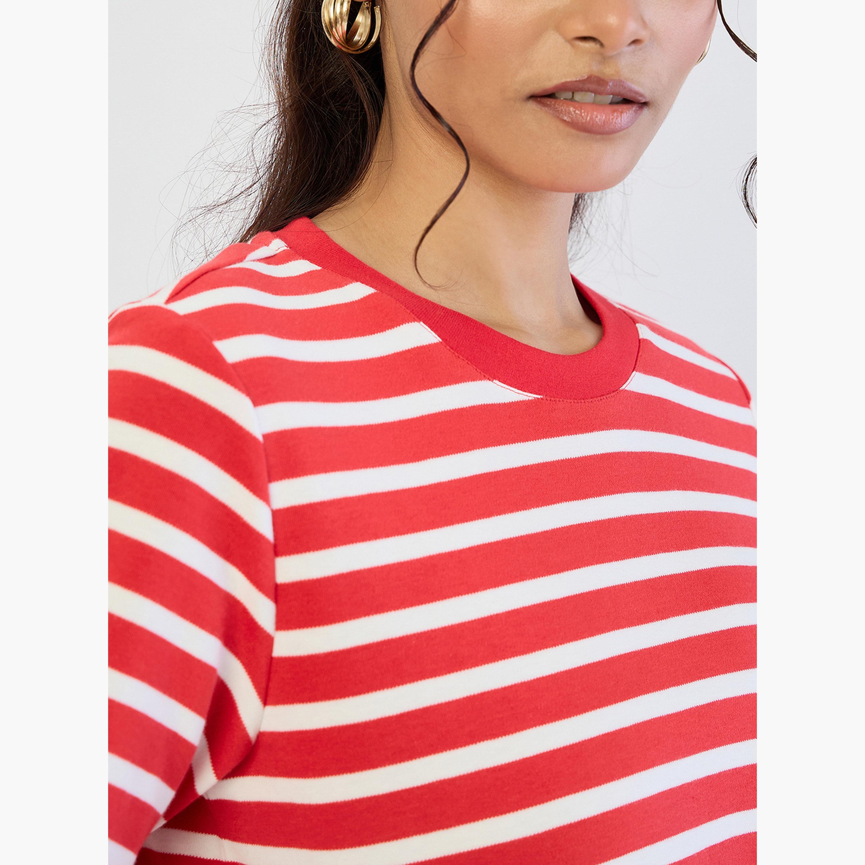 Femmella Red Striped Crew Neck Knit T-Shirt-women-clothing-tshirts-image-4