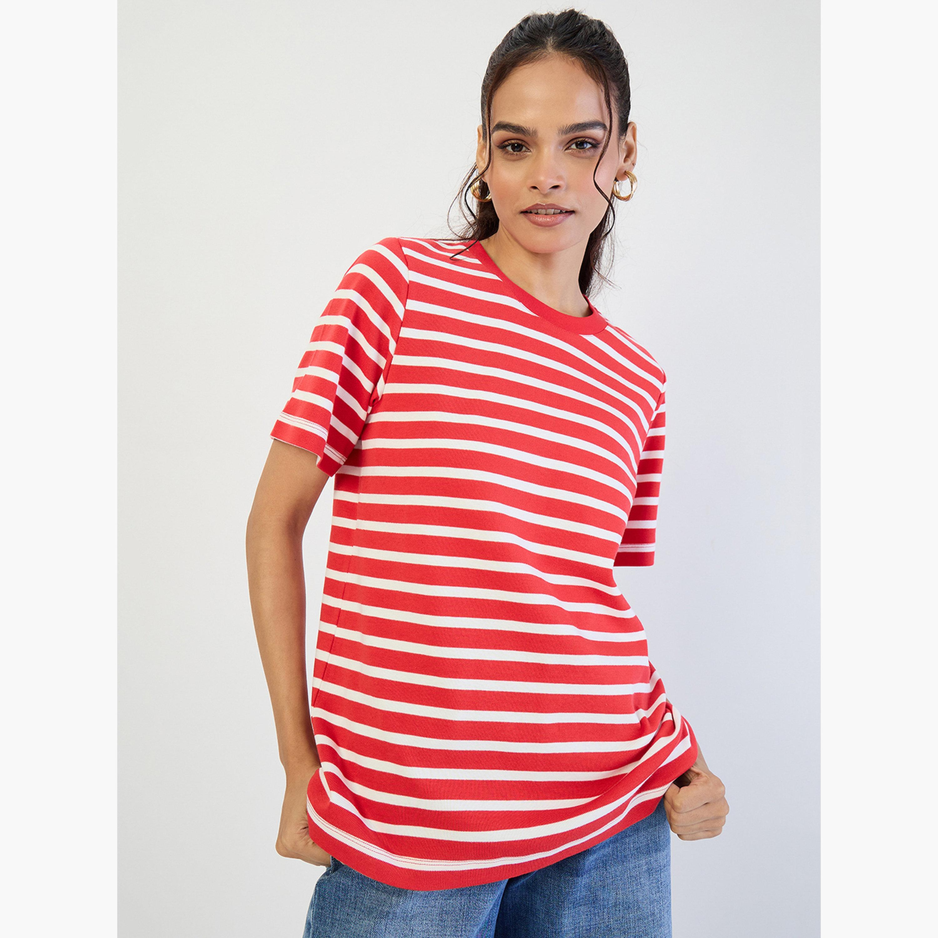 فيميلا - تي شيرت محبوك مخطط باللون الأحمر برقبة دائرية-women-clothing-tshirts-image-6
