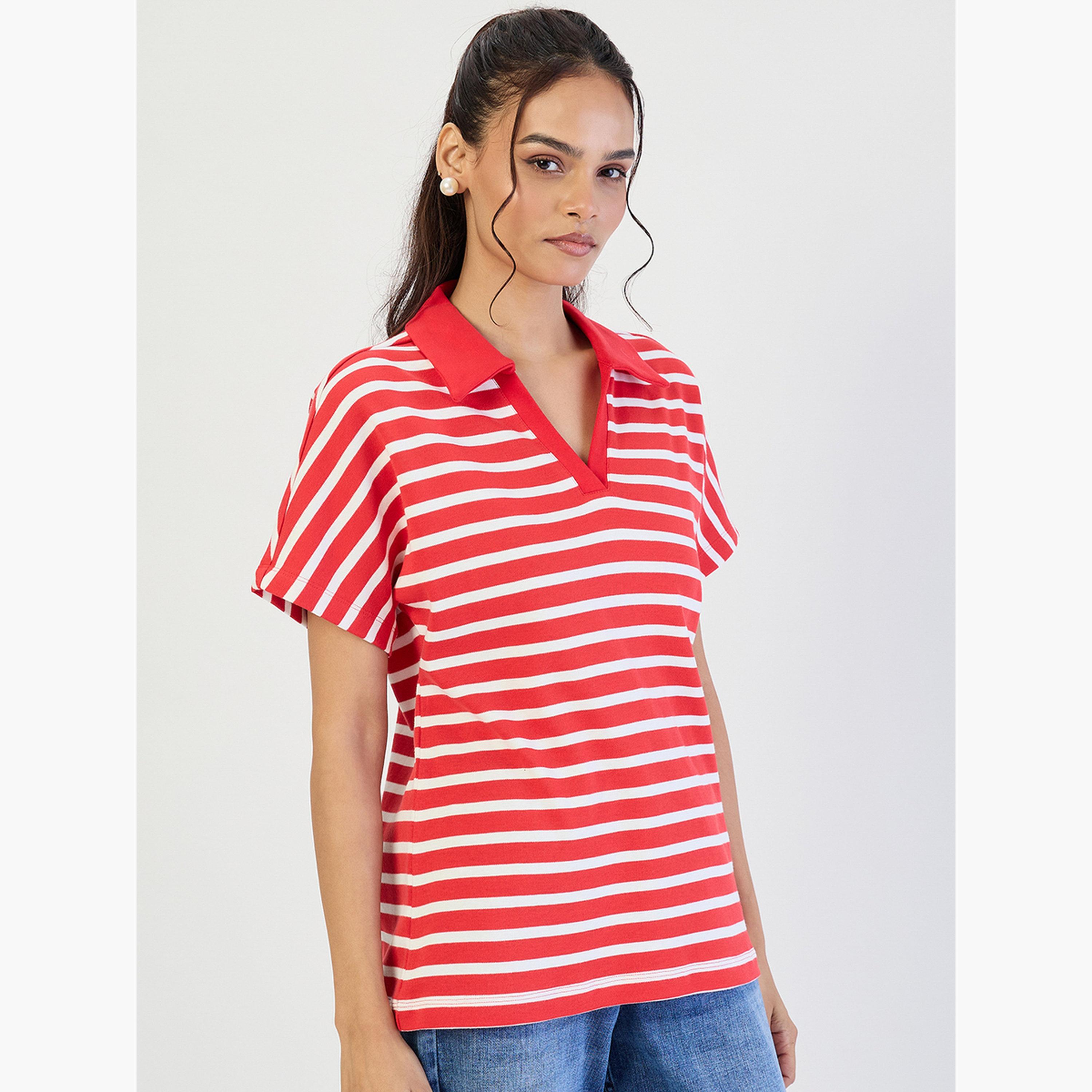Femmella Red Striped Polo Knit T-Shirt-women-clothing-tshirts-image-3