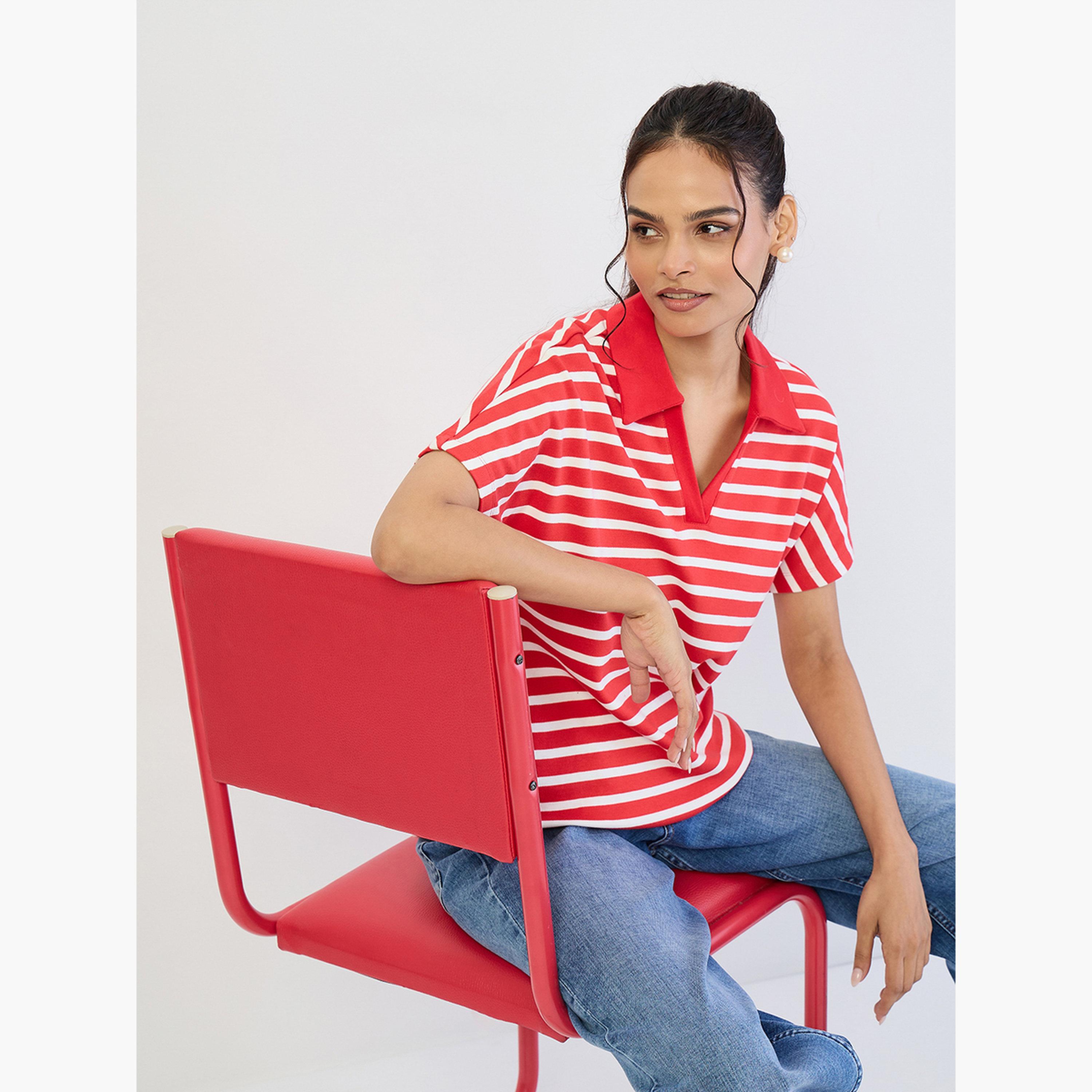Femmella Red Striped Polo Knit T-Shirt-women-clothing-tshirts-image-5