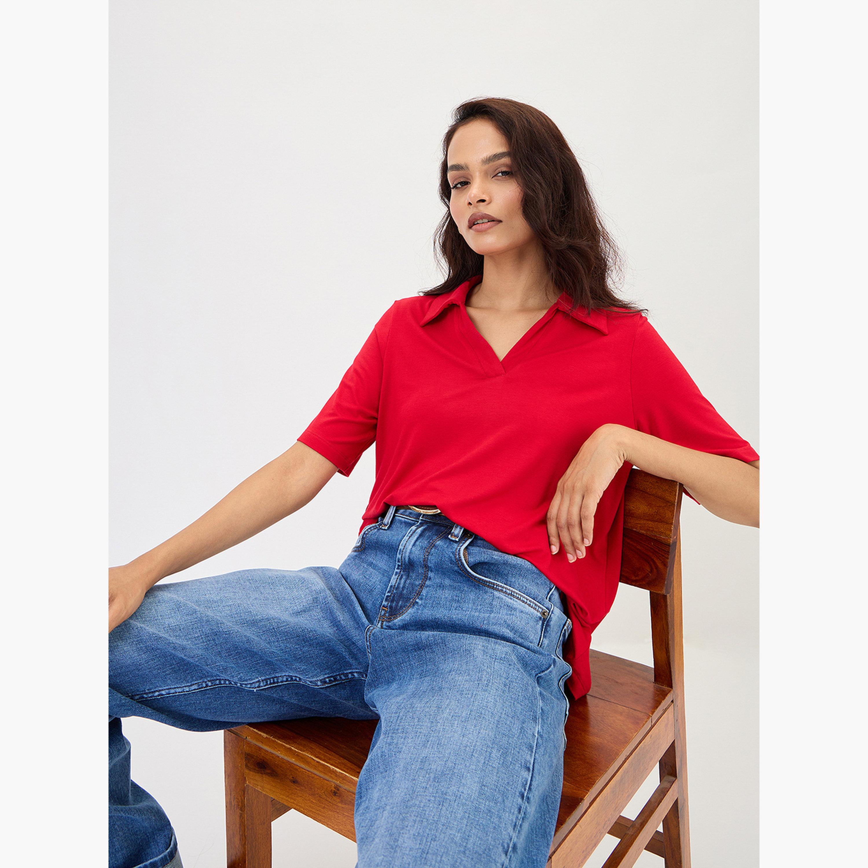 Femmella Red Short Sleeve Knit Polo T-Shirt-women-clothing-tshirts-image-2