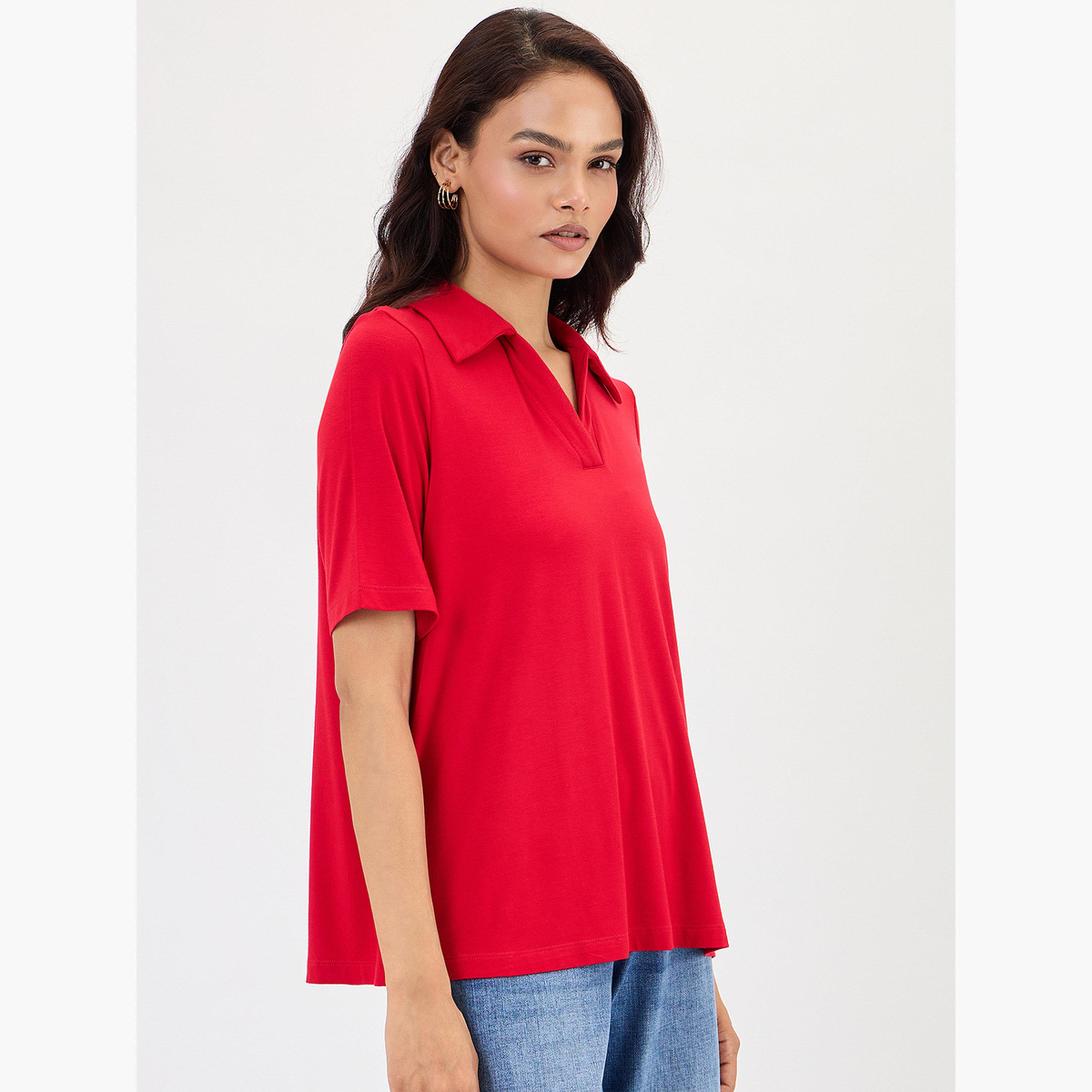 Femmella Red Short Sleeve Knit Polo T-Shirt-women-clothing-tshirts-image-4