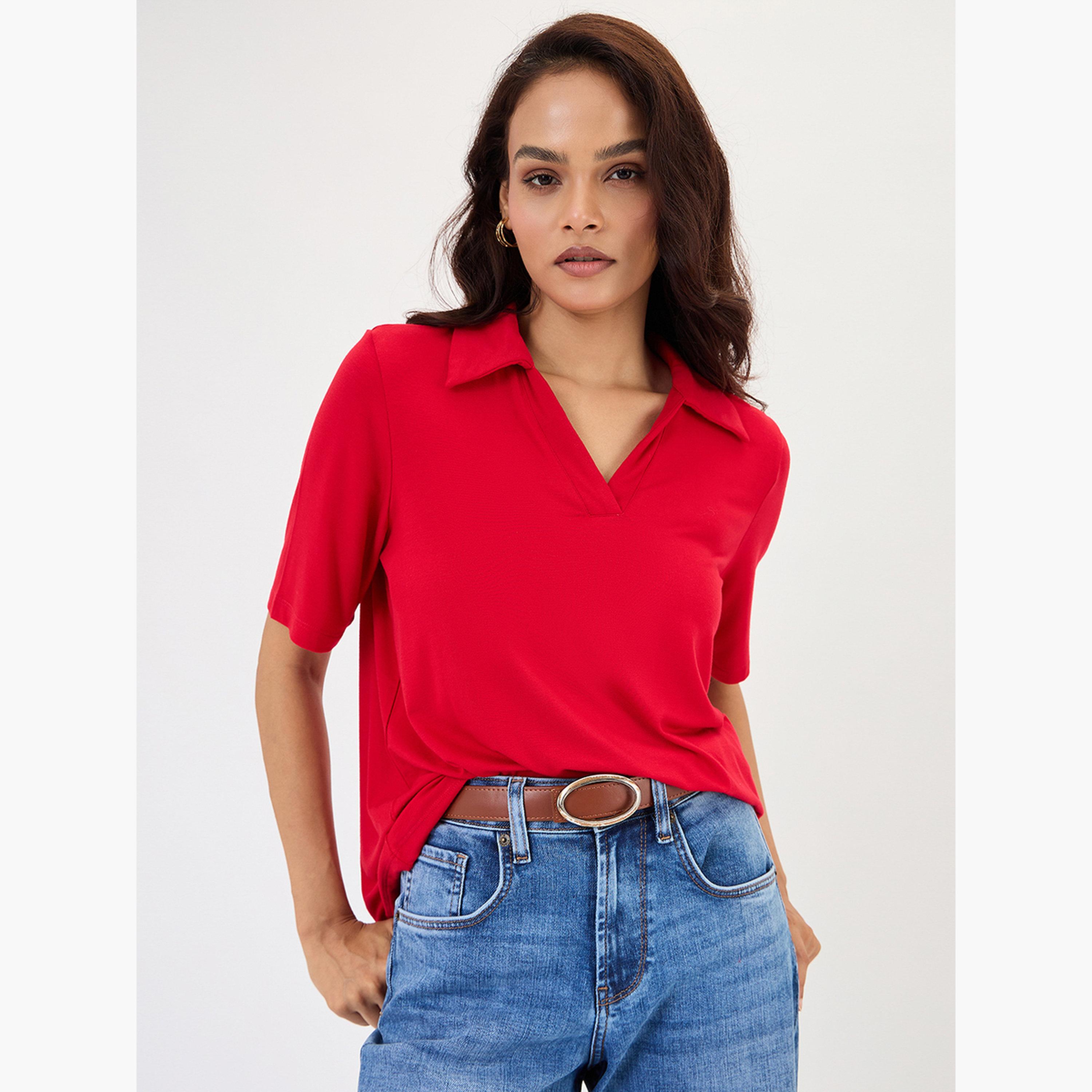 Femmella Red Short Sleeve Knit Polo T-Shirt-women-clothing-tshirts-image-6