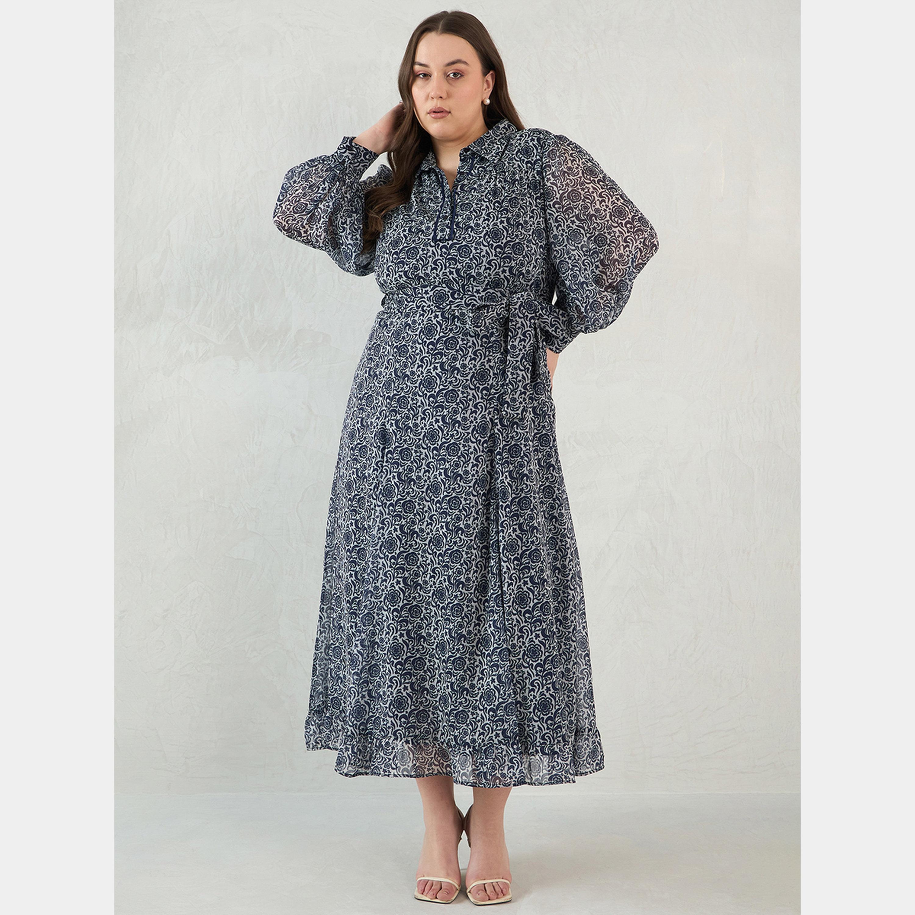 فيميلا - فستان ماكسي بأكمام طويلة وياقة مطبوعة بالزهور للنساء بمقاس واسع-women-clothing-dresses-image-1