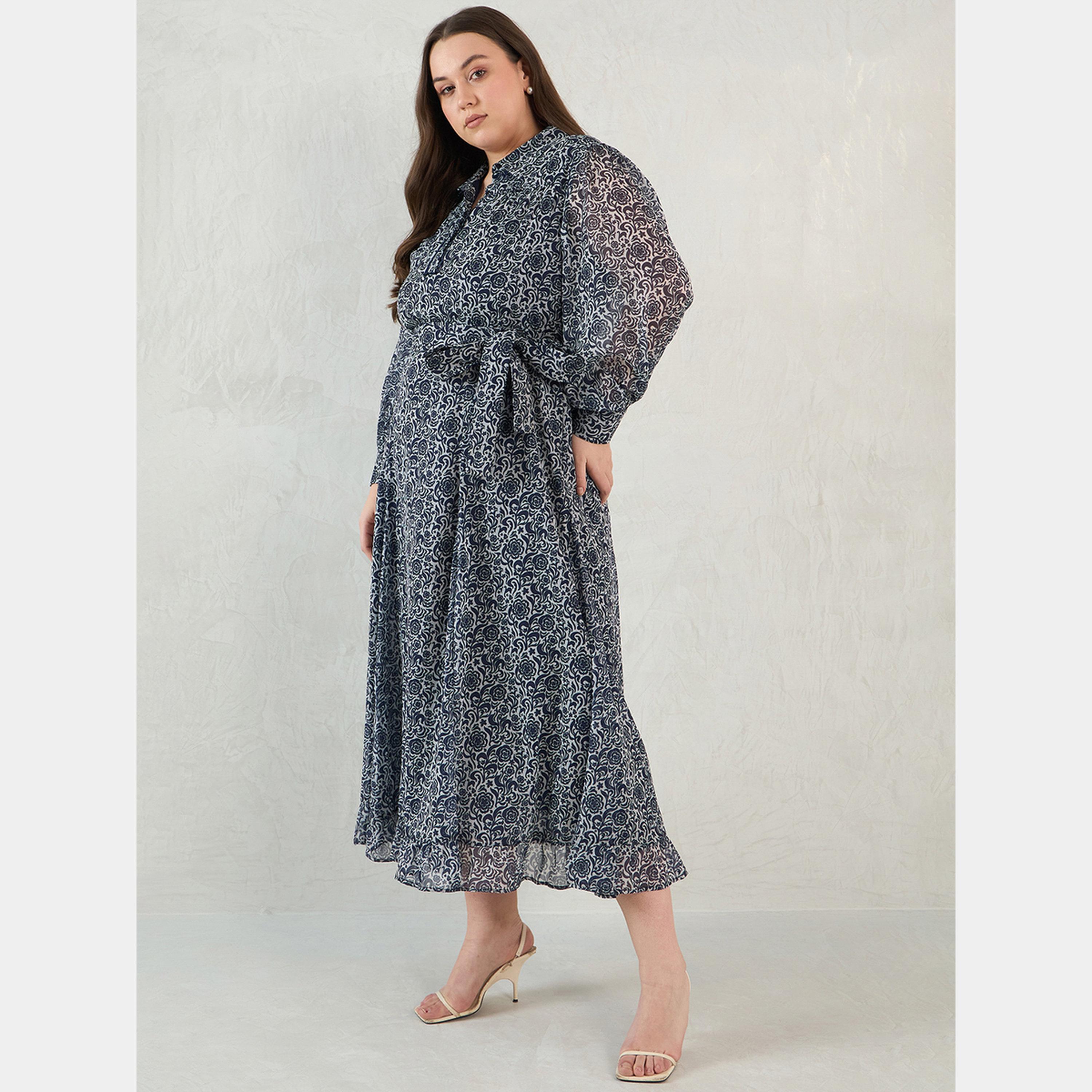 فيميلا - فستان ماكسي بأكمام طويلة وياقة مطبوعة بالزهور للنساء بمقاس واسع-women-clothing-dresses-image-2