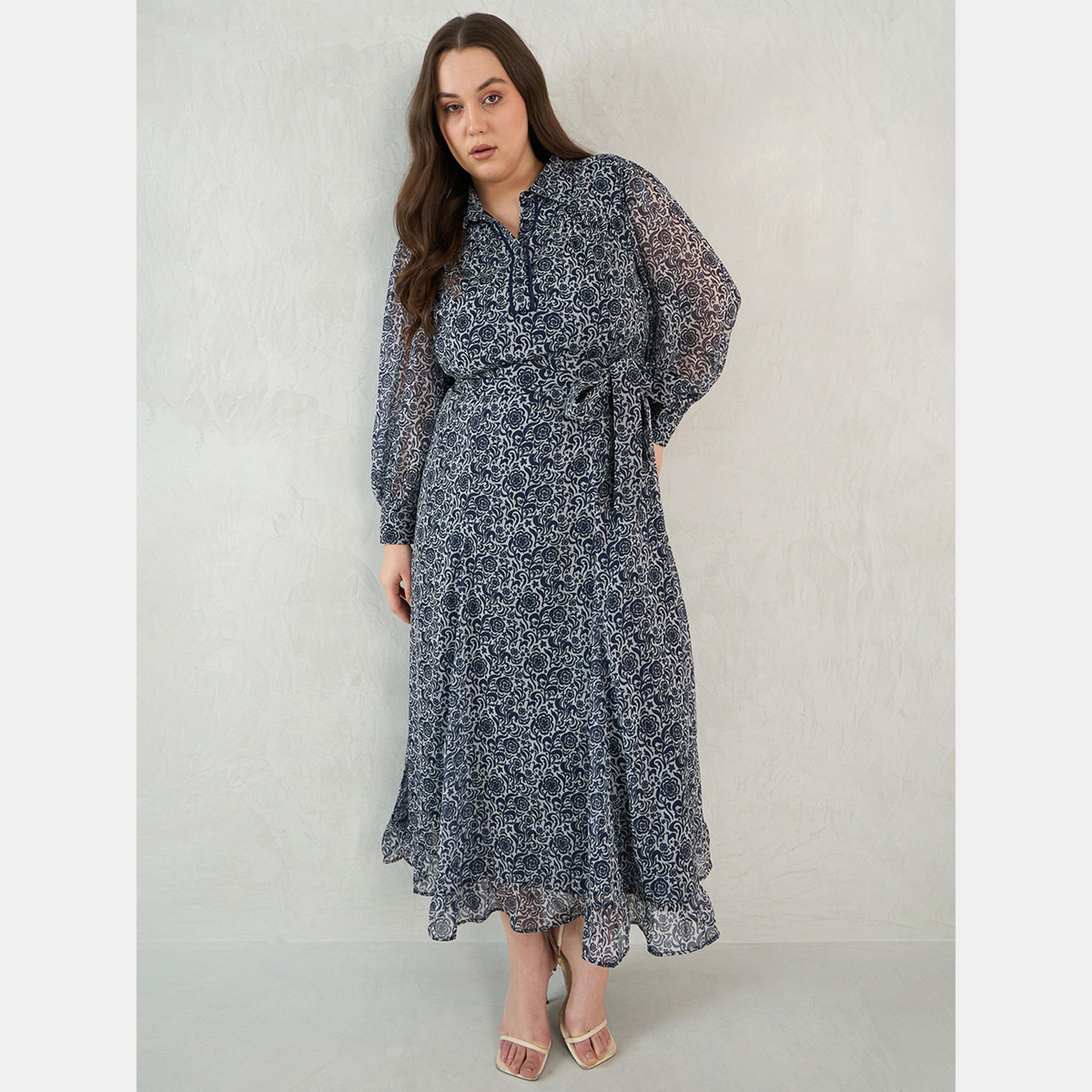 فيميلا - فستان ماكسي بأكمام طويلة وياقة مطبوعة بالزهور للنساء بمقاس واسع-women-clothing-dresses-image-6