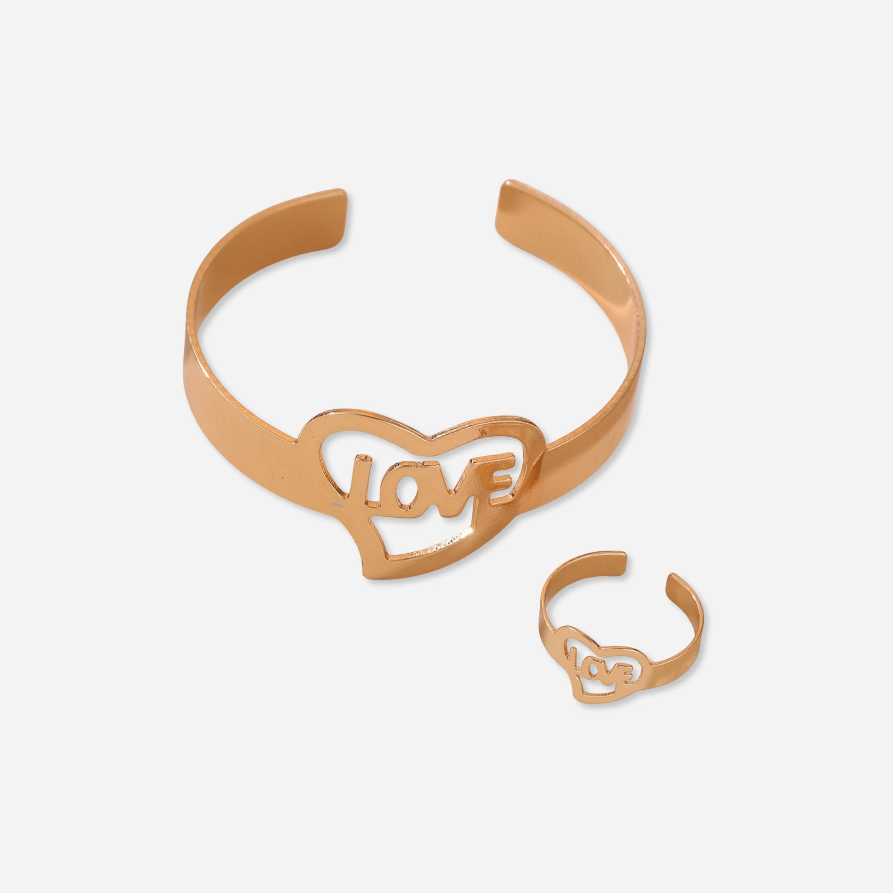 تيك تو - طقم من قطعتين - سوار ذهبي مفتوح على شكل قلب مع حلقة-women-watchesandjewellery-jewellery-jewellerysets-image-1