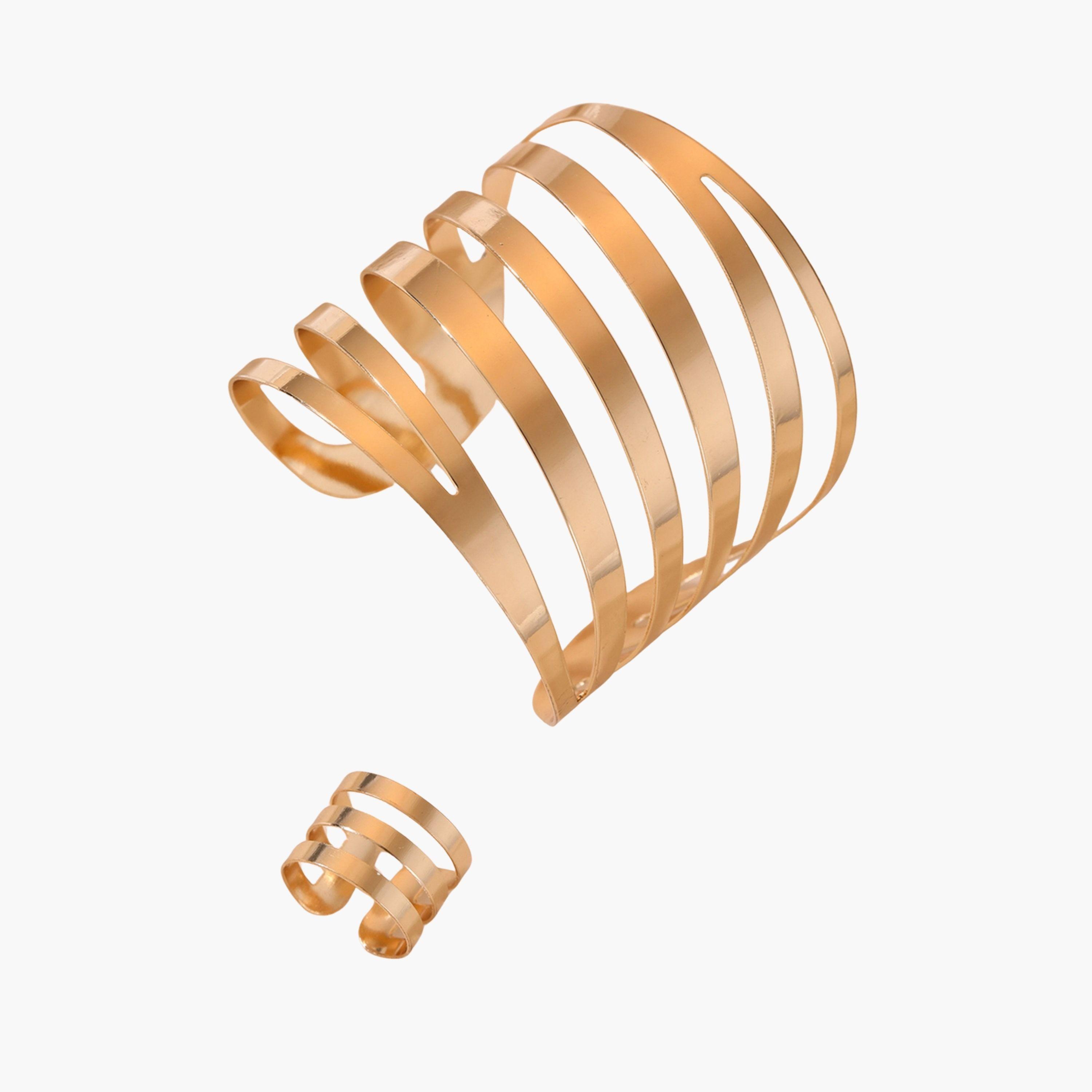 Take Two Set of 2 - Gold Irregular Open Bangle with Ring-women-watchesandjewellery-jewellery-jewellerysets-image-1