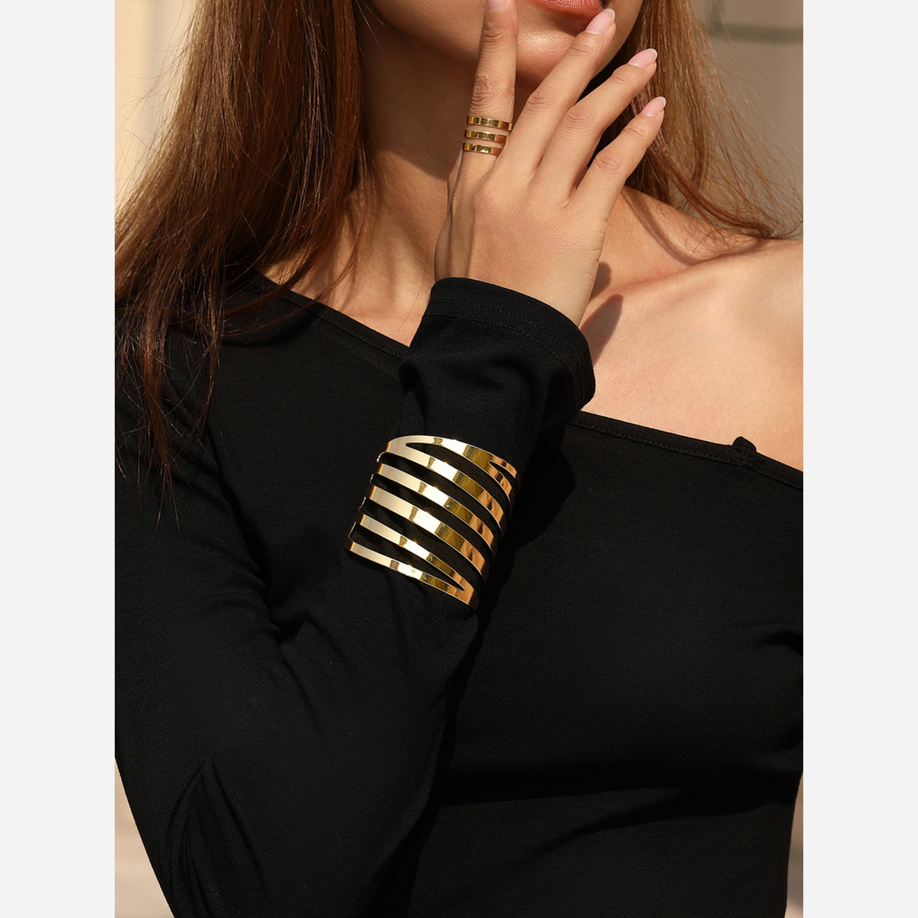 Take Two Set of 2 - Gold Irregular Open Bangle with Ring-women-watchesandjewellery-jewellery-jewellerysets-image-2