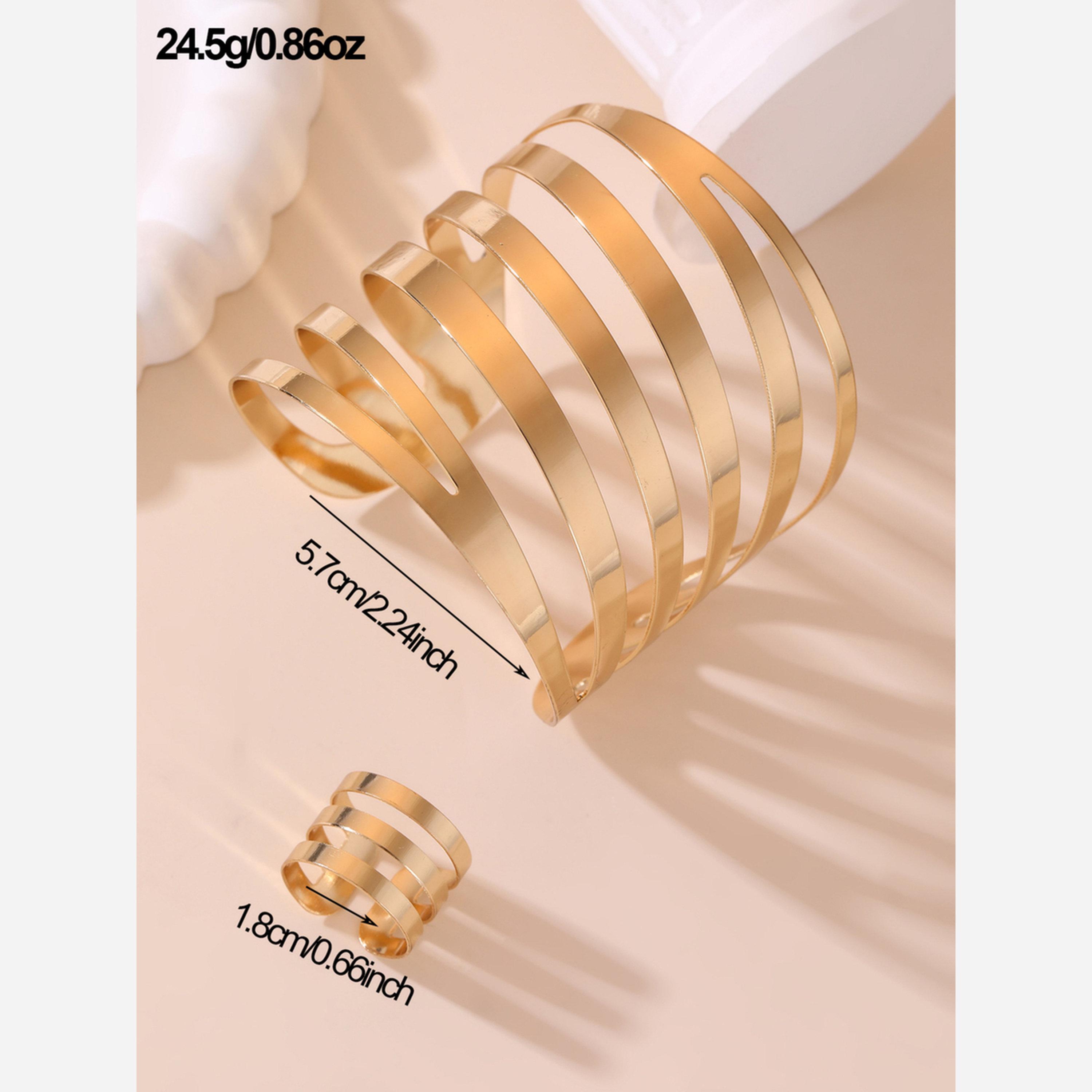 Take Two Set of 2 - Gold Irregular Open Bangle with Ring-women-watchesandjewellery-jewellery-jewellerysets-image-3