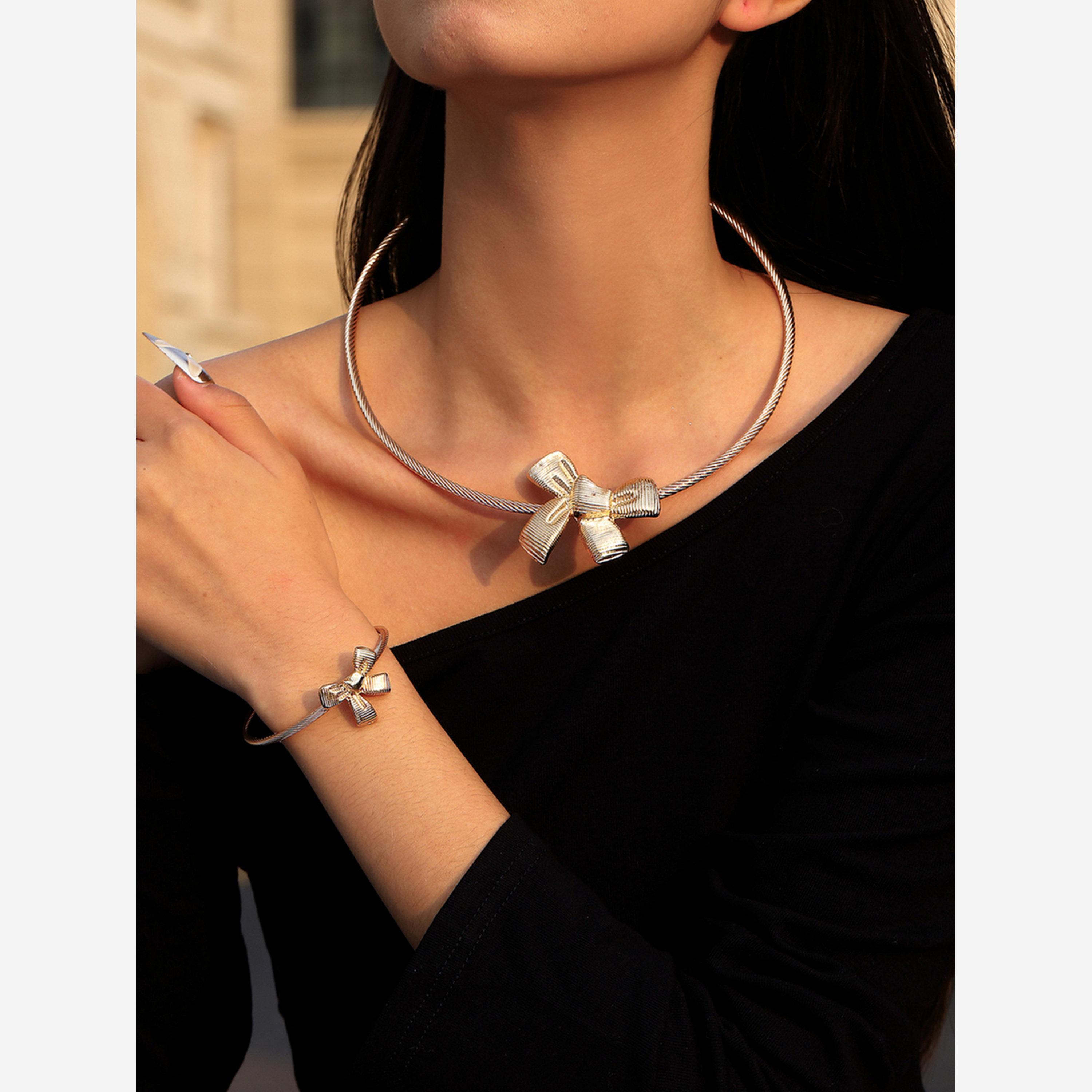 Take Two Set of 2 - Gold Bow Necklace with Bangle-women-watchesandjewellery-jewellery-jewellerysets-image-2