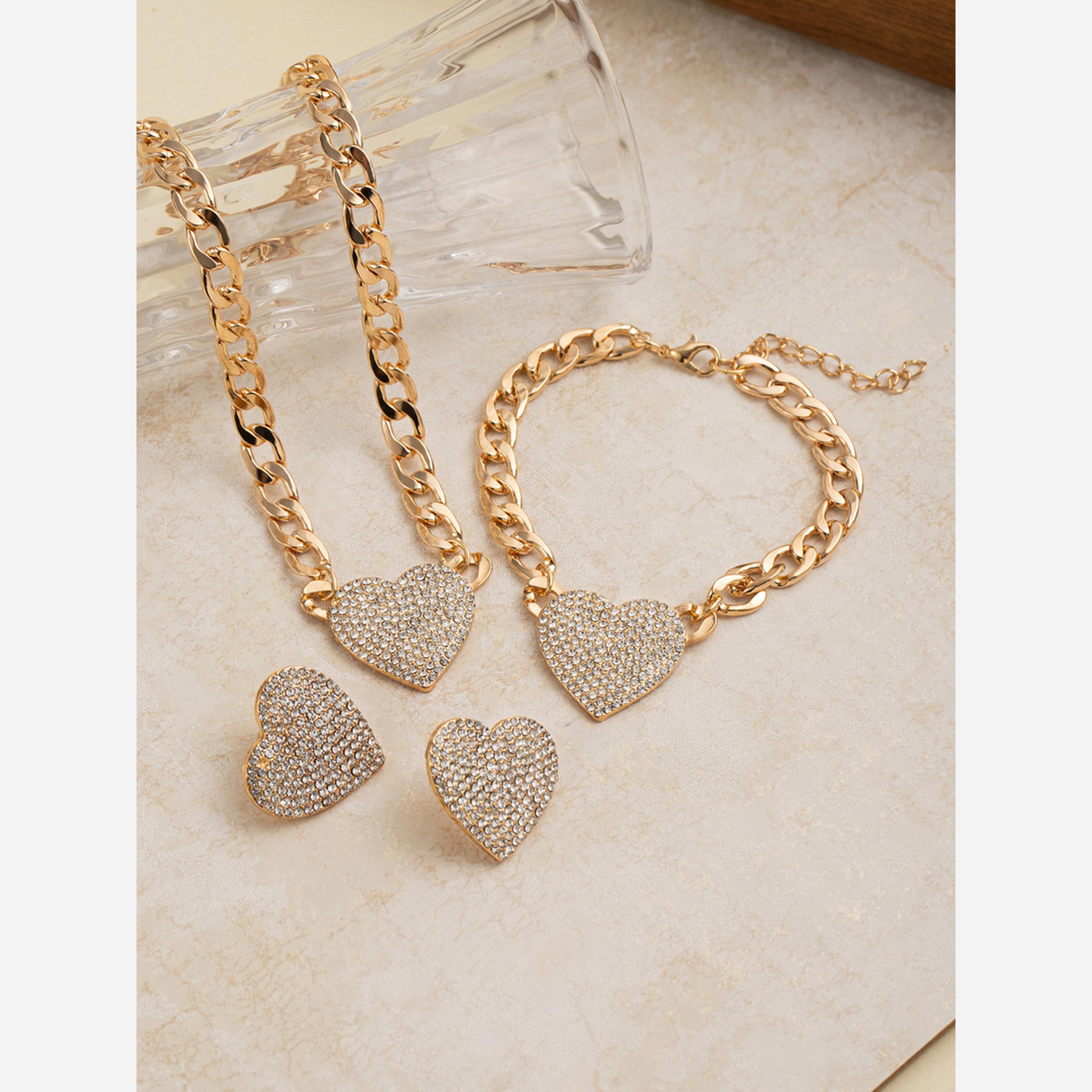 تيك تو - طقم من 3 قطع - قلادة ذهبية على شكل قلب مع سوار وأقراط-women-watchesandjewellery-jewellery-jewellerysets-image-4