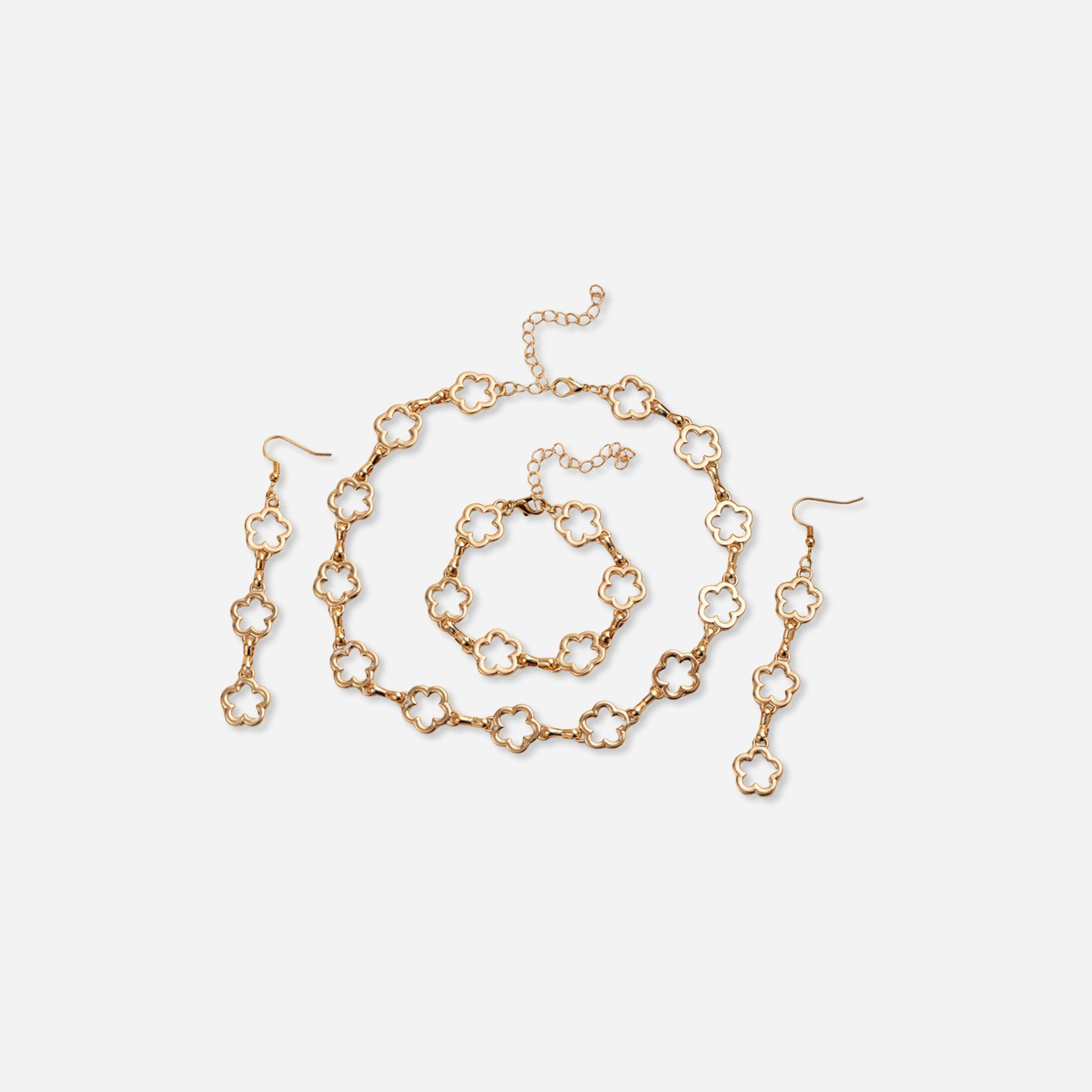 تيك تو - طقم من 3 قطع - قلادة ذهبية مزينة بزهرة مع سوار وأقراط-women-watchesandjewellery-jewellery-jewellerysets-image-1