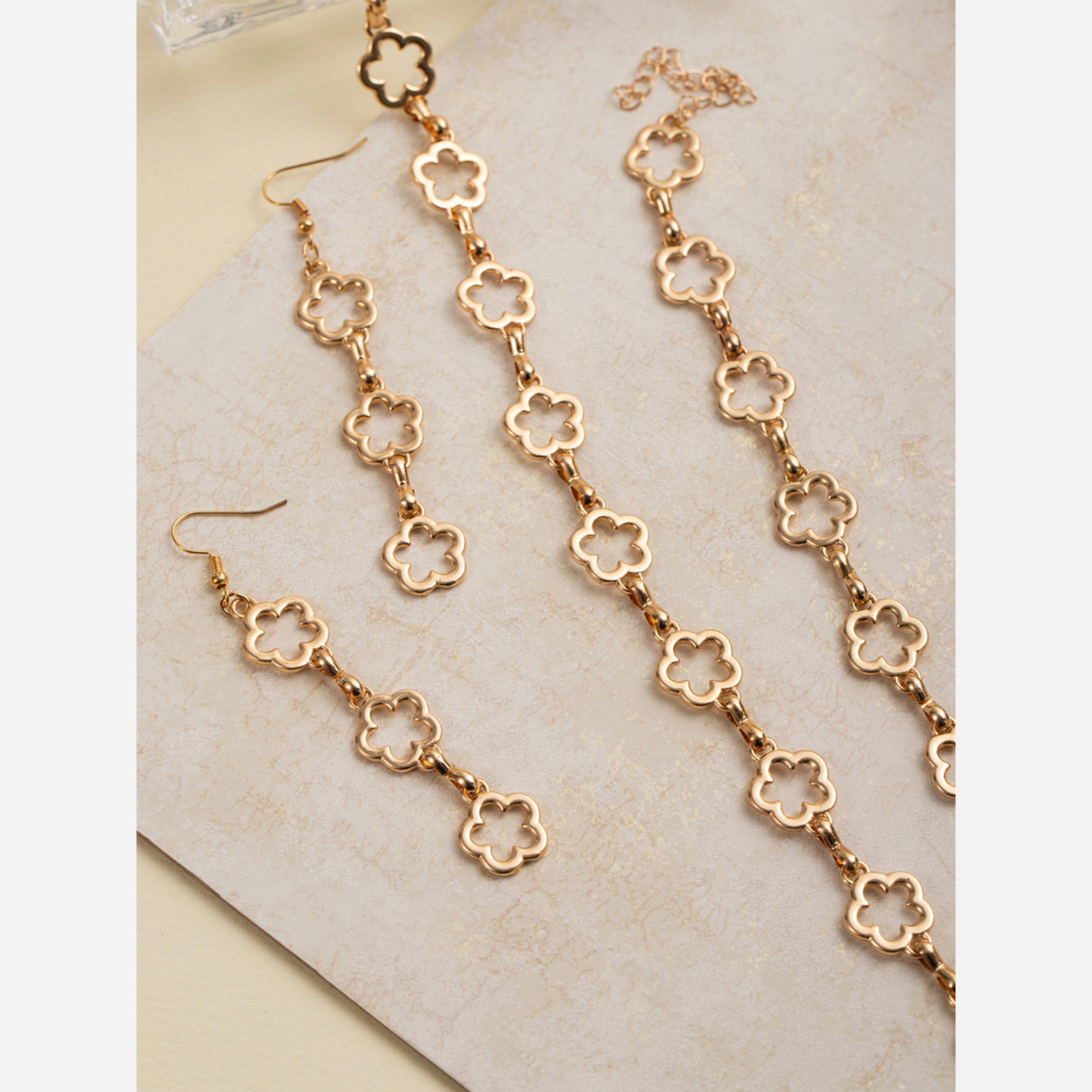 تيك تو - طقم من 3 قطع - قلادة ذهبية مزينة بزهرة مع سوار وأقراط-women-watchesandjewellery-jewellery-jewellerysets-image-5