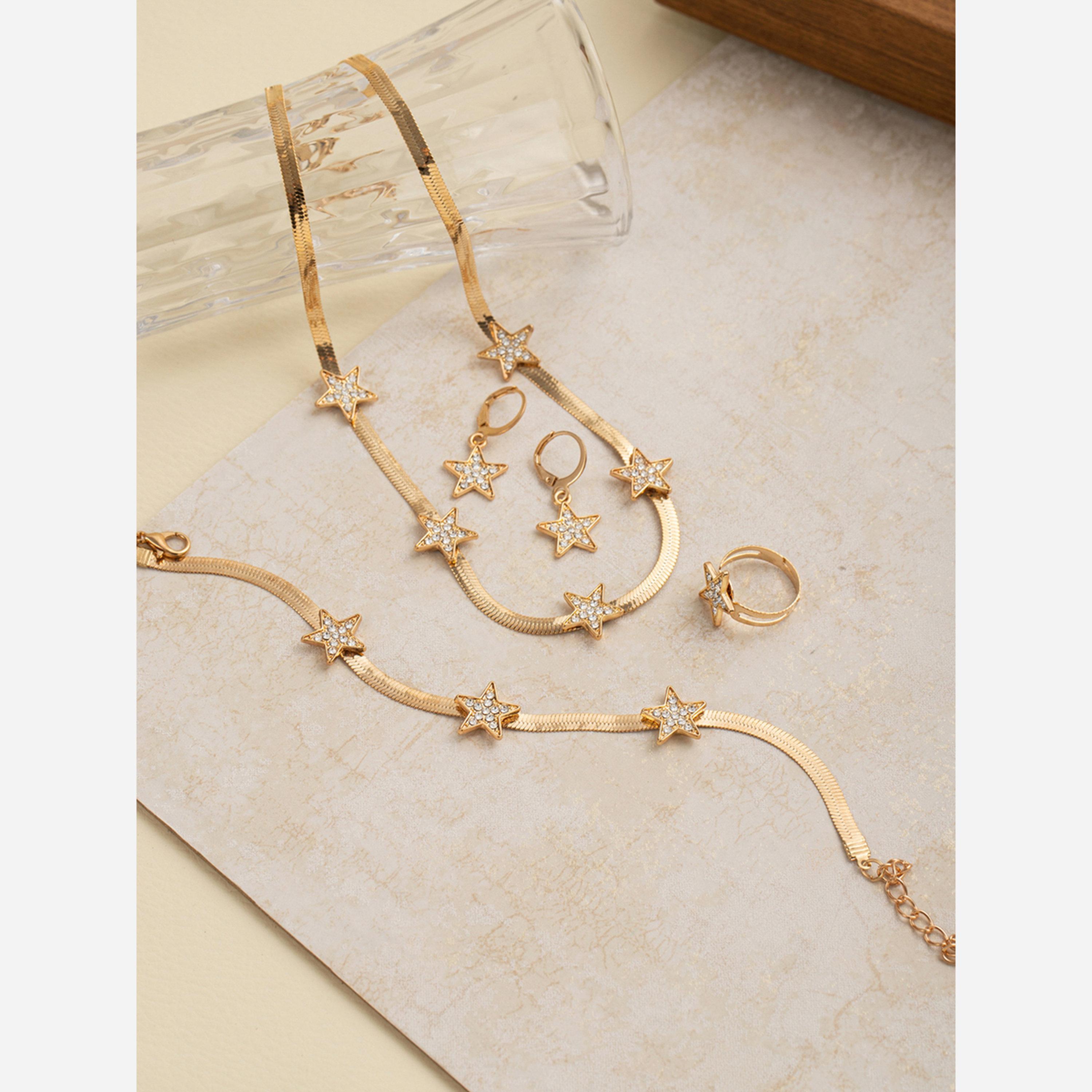 تيك تو - طقم من 4 قطع - قلادة وسوار على شكل نجمة مع خاتم وأقراط-women-watchesandjewellery-jewellery-jewellerysets-image-6