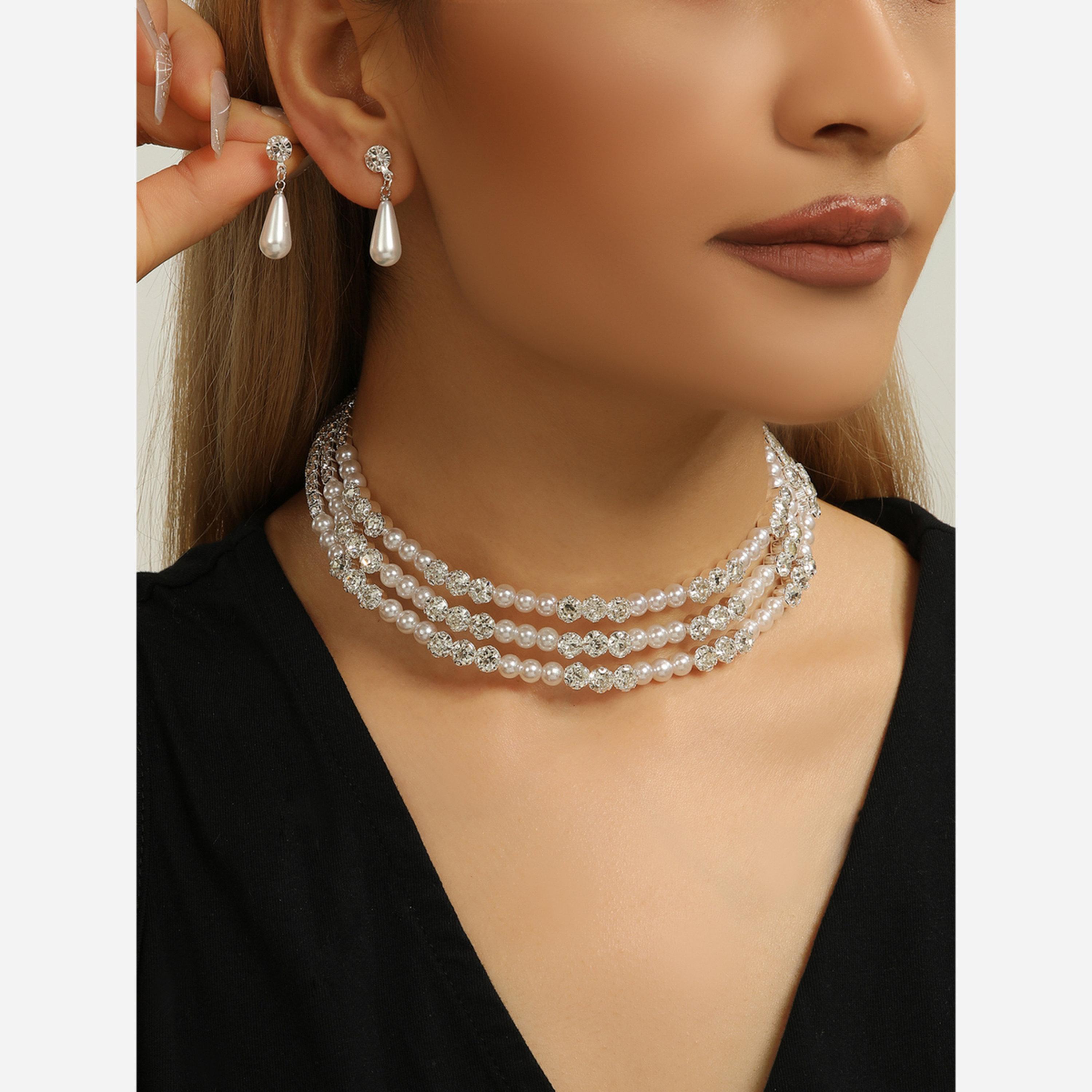 تيك تو - طقم من قطعتين - قلادة وأقراط من اللؤلؤ الصناعي المرصع بأحجار الراين-women-watchesandjewellery-jewellery-jewellerysets-image-2