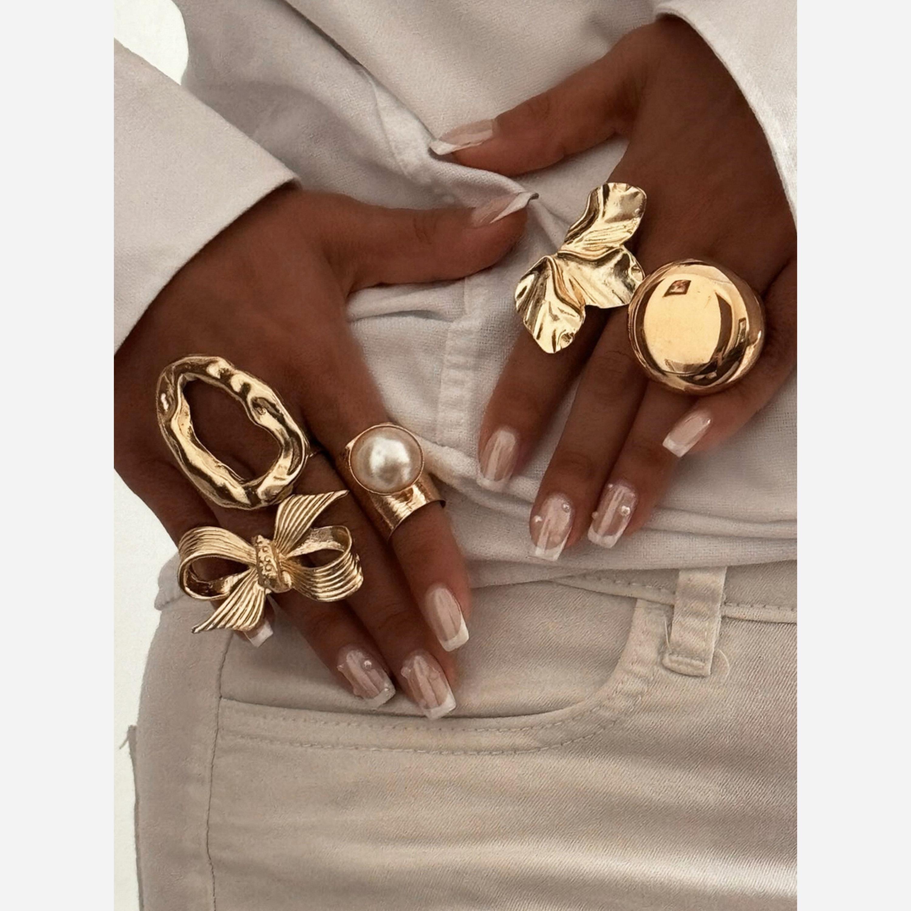 تيك تو - مجموعة من 5 خواتم - خواتم مزينة بفيونكة دائرية هندسية-women-watchesandjewellery-jewellery-rings-image-2