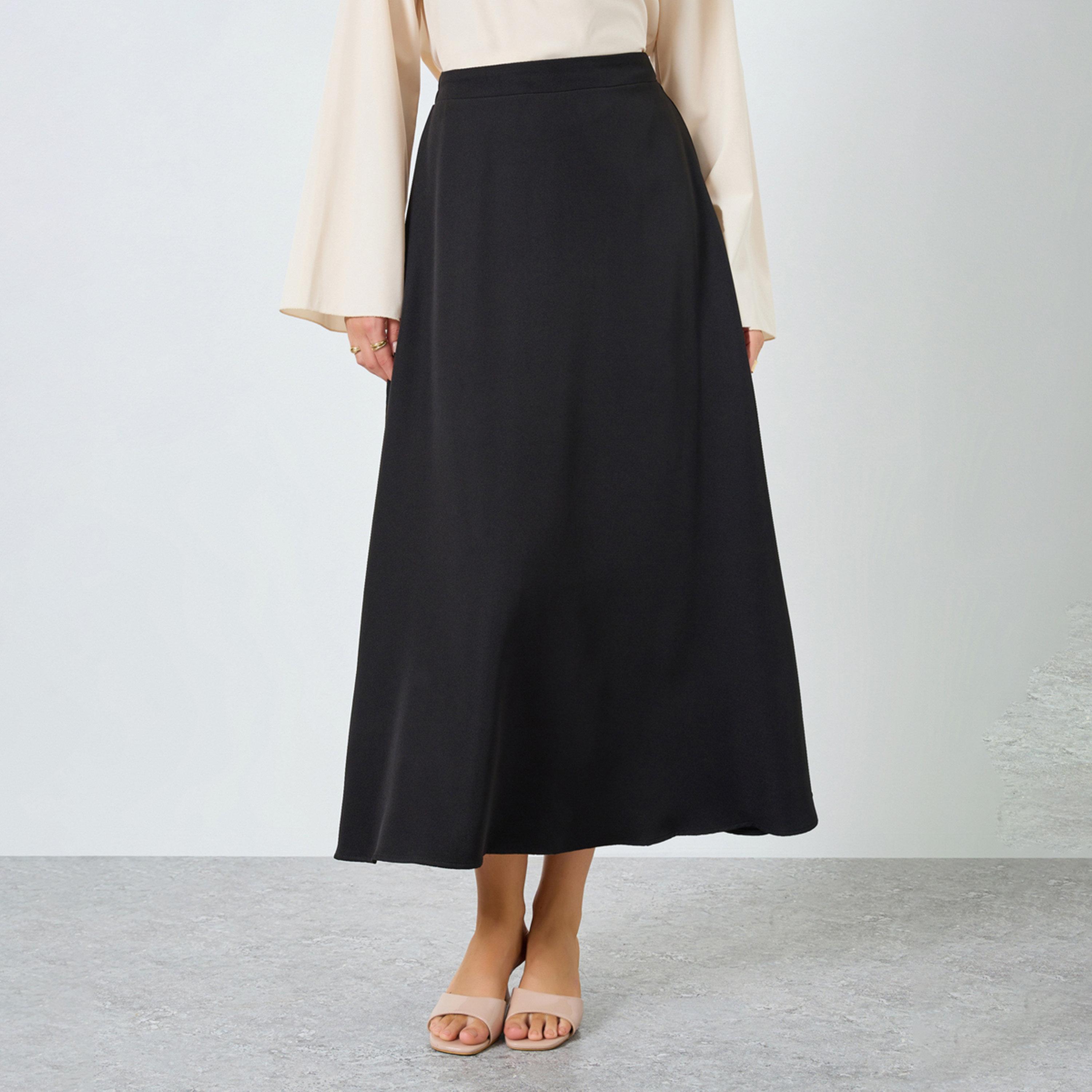 Styli Black Solid A-Line Maxi Skirt-women-clothing-bottoms-skirts-image-1